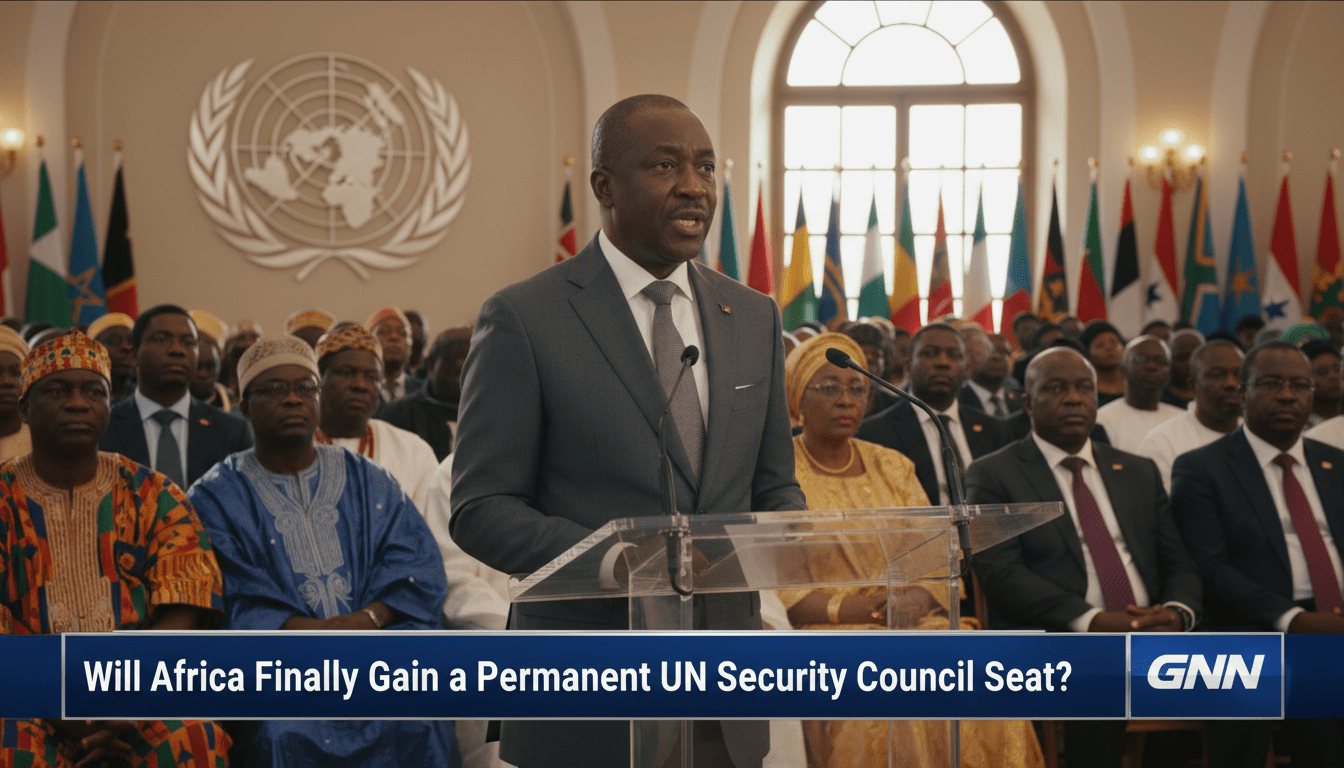 Cinematic, photorealistic editorial news broadcast frame. A dignified African diplomat in a professional dark suit stands at a modern lectern, speaking with conviction inside a grand, sun-drenched international assembly hall. In the background, a diverse group of African delegates in both business attire and traditional formal wear, such as Kente and Agbada, listen intently. The setting features soft-focus flags of various African nations and a large, stylized globe emblem. High-end television studio lighting with a shallow depth of field. At the bottom of the frame, a sharp, professional TV-news lower-third banner in navy blue and silver. The bold, white, high-contrast text on the banner reads exactly: "Will Africa Finally Gain a Permanent UN Security Council Seat?"