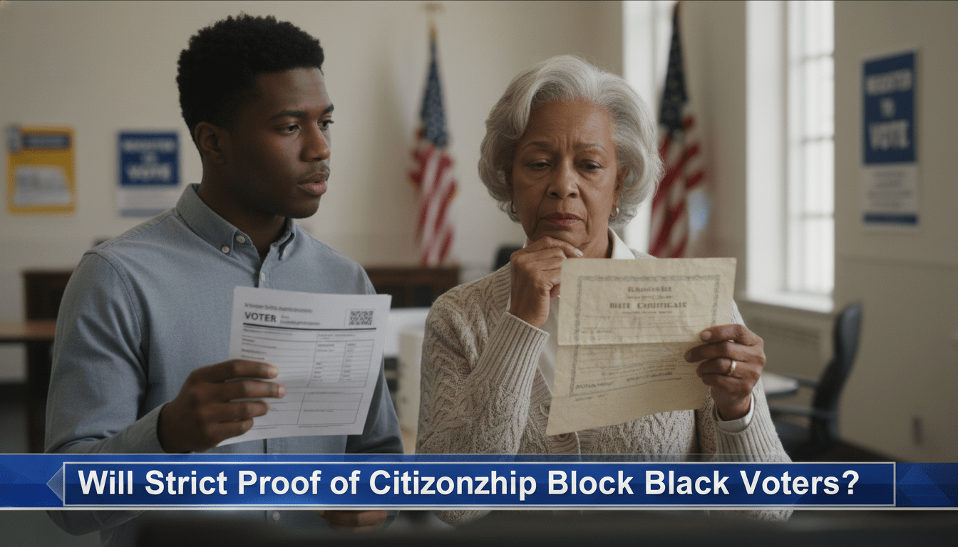A high-quality, cinematic editorial photograph in a professional news broadcast style. The scene features a multi-generational African American family, including an elderly woman and a young adult, standing in a brightly lit municipal office. The elderly woman is holding a weathered, vintage birth certificate and looking at it with a pensive expression, while the younger man holds a modern voter registration form. The background shows a blurred election office setting with "Register to Vote" signage and American flags, using a shallow depth of field. The lighting is natural and dignified. At the bottom of the frame, there is a bold, professional TV news lower-third graphic banner in a sleek blue and silver design. The high-contrast, bold white text on the banner reads exactly: "Will Strict Proof of Citizenship Block Black Voters?"