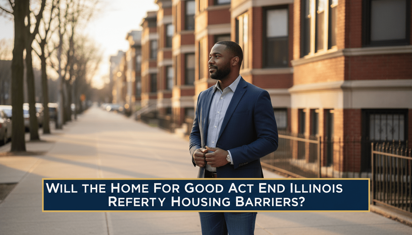 A cinematic, photorealistic news broadcast style image. In the center, a thoughtful African American man in his late 30s stands on a clean residential sidewalk in an Illinois urban neighborhood, looking toward a row of classic brick apartment buildings. The scene is captured during the golden hour with warm, hopeful lighting and a shallow depth of field. The framing is a professional editorial medium shot. At the bottom of the frame, there is a bold, high-contrast TV news lower-third graphic banner with a dark blue and gold accents. The white, legible text on the banner reads exactly: "Will the Home for Good Act End Illinois Reentry Housing Barriers?".