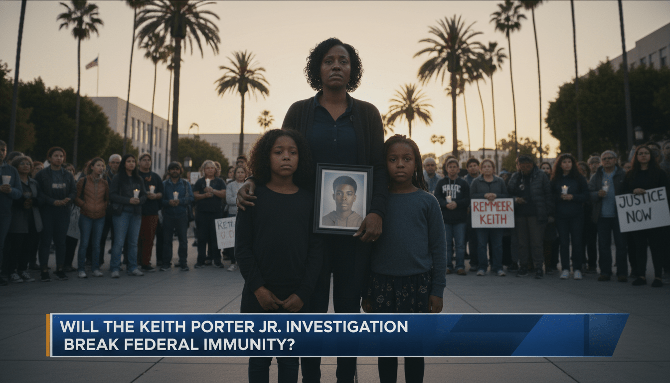 Cinematic, photorealistic editorial news illustration of a somber African American family—a woman and two daughters—standing in a Los Angeles plaza with palm trees in the background. They are surrounded by a peaceful, diverse community gathering in a reflective atmosphere. The scene is captured in a professional news broadcast style with a shallow depth of field. At the bottom of the frame, there is a bold, high-contrast TV news lower-third banner with sharp, legible typography. The text on the banner reads exactly: "Will the Keith Porter Jr. Investigation Break Federal Immunity?". 8k resolution, journalistic photography style.