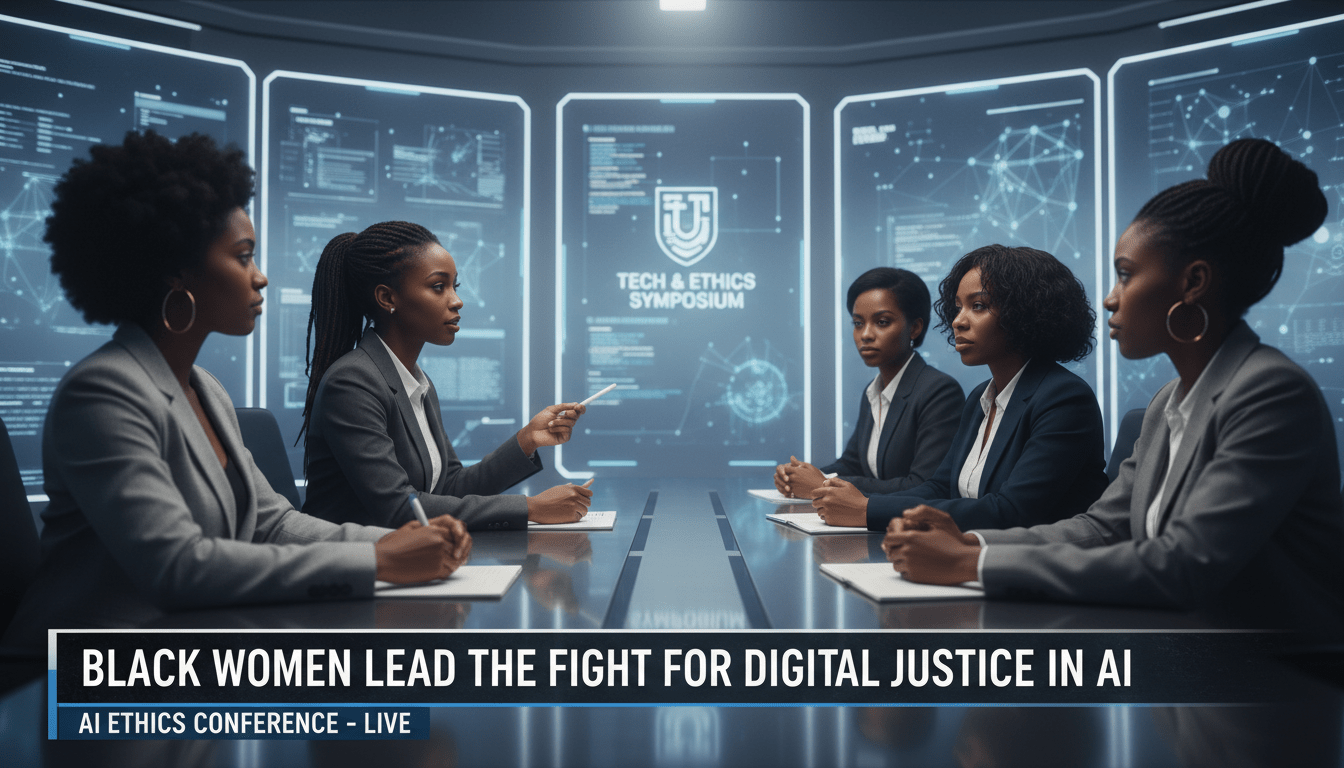 A cinematic, photorealistic editorial illustration of a group of professional African American women in a high-tech, modern university setting. The scene depicts a panel of experts and scholars engaged in a focused discussion, with glowing digital data interfaces and abstract neural network patterns subtly visible in the background. The women are dressed in professional business attire, conveying leadership and intellectual authority. The framing is a medium shot with a shallow depth of field, characteristic of a high-end news broadcast. At the bottom of the image, a sharp, high-contrast TV news lower-third graphic is integrated into the frame. The banner features bold, white legible text on a dark professional background that reads exactly: "Black Women Lead the Fight for Digital Justice in AI". 8k resolution, news agency photography style, editorial lighting.