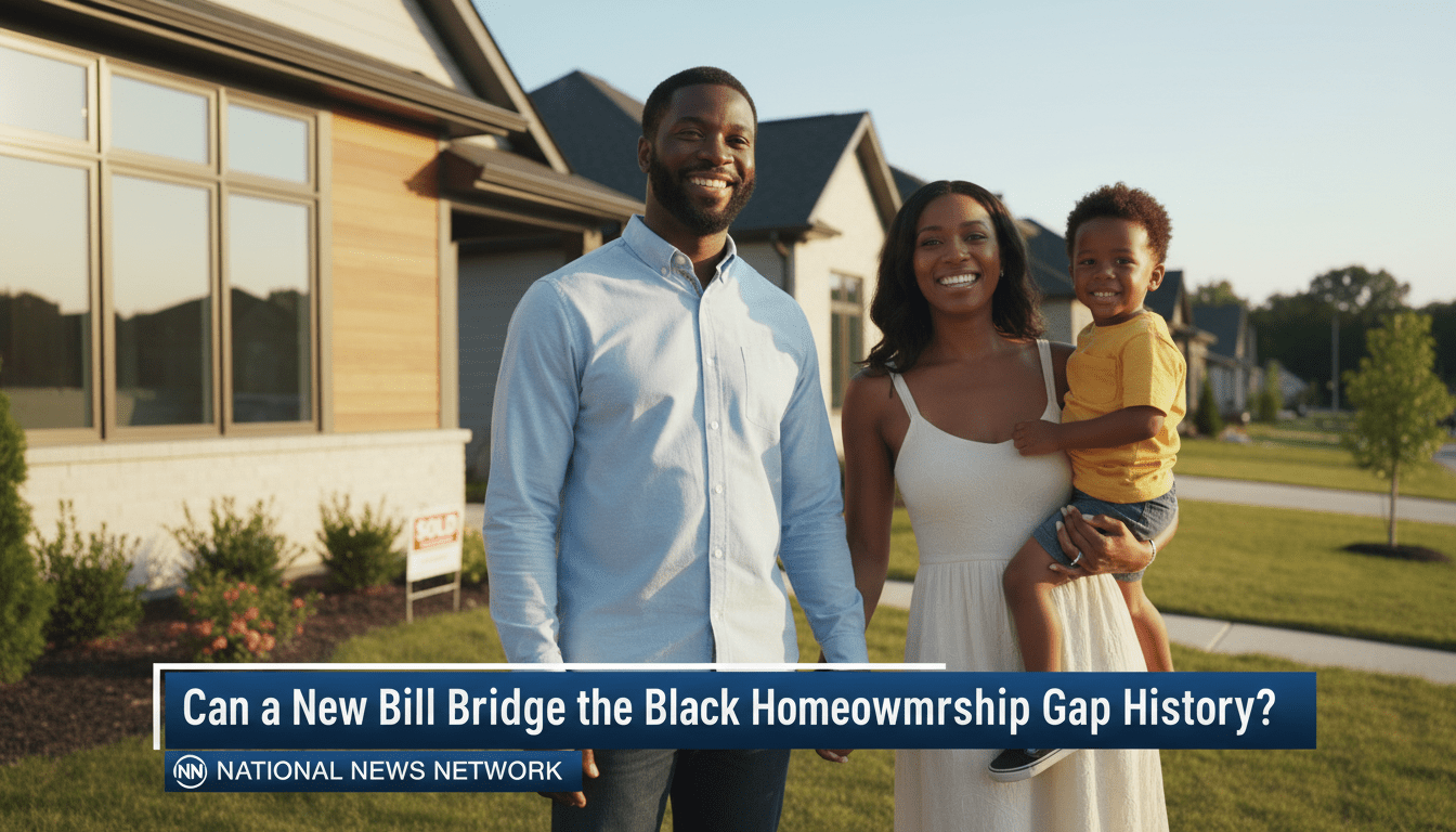 A cinematic, photorealistic news broadcast still featuring an African American family—a father, mother, and young child—standing proudly in front of a charming, newly constructed modern home in a sun-drenched suburban neighborhood. The family is smiling, looking toward a bright future, with a blurred "Sold" sign in the background. The lighting is warm and optimistic, shot with a high-end editorial photography aesthetic. At the bottom of the frame, there is a professional, high-contrast TV news lower-third banner with a sleek, modern design. The bold, white sans-serif text on the banner reads exactly: "Can a New Bill Bridge the Black Homeownership Gap History?"