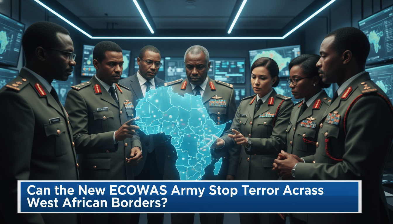 Cinematic, photorealistic editorial news shot. A diverse group of professional West African military officials and strategic planners, men and women of African descent, are gathered in a sophisticated, modern command center. They are standing around a large, luminous digital holographic map of West Africa, pointing toward border regions. The atmosphere is serious and focused. The lighting is dramatic, high-key professional studio lighting with a shallow depth of field. At the bottom of the frame is a crisp, bold TV news lower-third graphic banner in high-contrast blue and white. The text on the banner reads exactly: "Can the New ECOWAS Army Stop Terror Across West African Borders?". The image contains no weapons, no violence, and no real-world politicians. 8k resolution, news broadcast aesthetic.