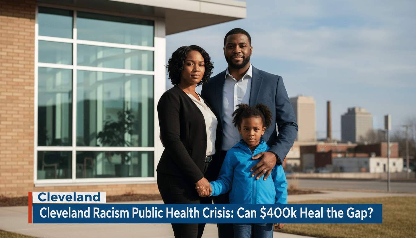 Cinematic, photorealistic editorial news shot of an African American family—a mother, father, and young child—standing together in front of a modern community health center in an urban setting. In the background, a soft-focus view of a city skyline and residential neighborhood suggesting an American Midwest city. The lighting is professional and natural, creating a serious yet hopeful atmosphere. Superimposed at the bottom of the frame is a sharp, professional TV news lower-third banner with a high-contrast blue and white color scheme. The banner features the exact text in a bold, legible sans-serif font: "Cleveland Racism Public Health Crisis: Can $400k Heal the Gap?". The overall image has the high-quality look of a 4K television broadcast.