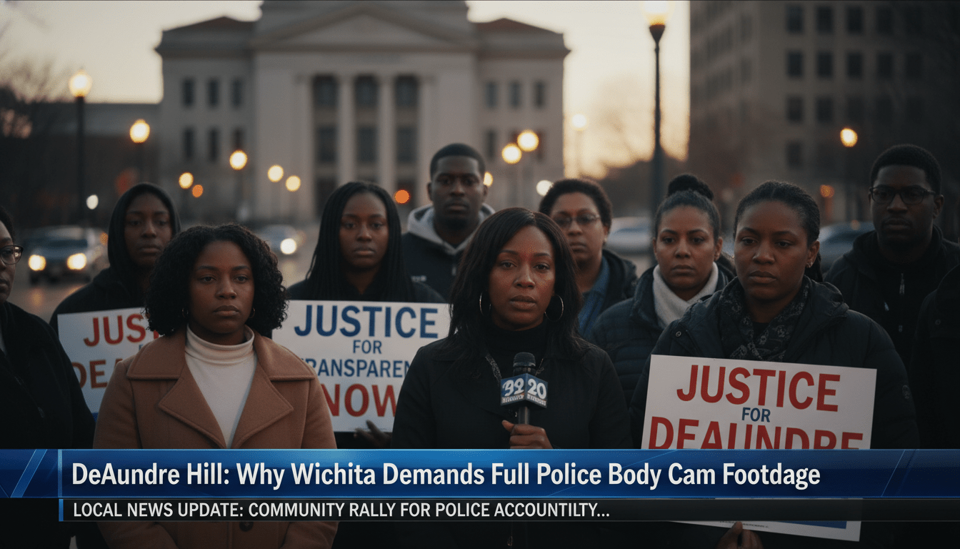 A high-quality photorealistic editorial news shot of a group of solemn African American community advocates and family members standing outside a municipal government building in an urban setting at dusk. The lighting is cinematic with soft streetlights and a shallow depth of field, focusing on the determined and grieving expressions of the people. The scene is framed as a professional news broadcast still, capturing a moment of community unity and a demand for transparency. Across the bottom of the image is a bold, high-contrast TV news lower-third banner with a professional professional graphic design. The banner features clear, legible white text that reads exactly: "DeAundre Hill: Why Wichita Demands Full Police Body Cam Footage".