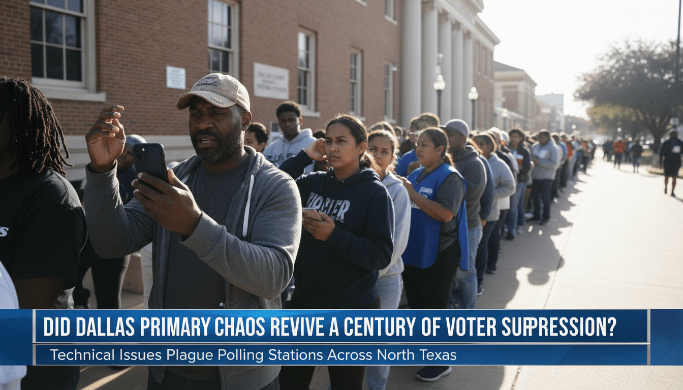 Cinematic, photorealistic editorial news shot of a diverse group of African American and Latino voters standing in a long, winding line outside a public building in North Texas. The scene captures a sense of modern urgency and confusion; one man in the foreground, a Black man in his 40s, looks frustrated while checking his smartphone, reflecting the "Precinct Trap" and technical issues. The lighting is the crisp, clear morning sun of a Texas primary day. The composition is framed like a professional news broadcast. Across the bottom of the image is a bold, high-contrast TV news lower-third graphic banner in a sleek blue and white professional design. The text on the banner reads exactly: "Did Dallas Primary Chaos Revive a Century of Voter Suppression?". 8k resolution, sharp focus, documentary photography style.