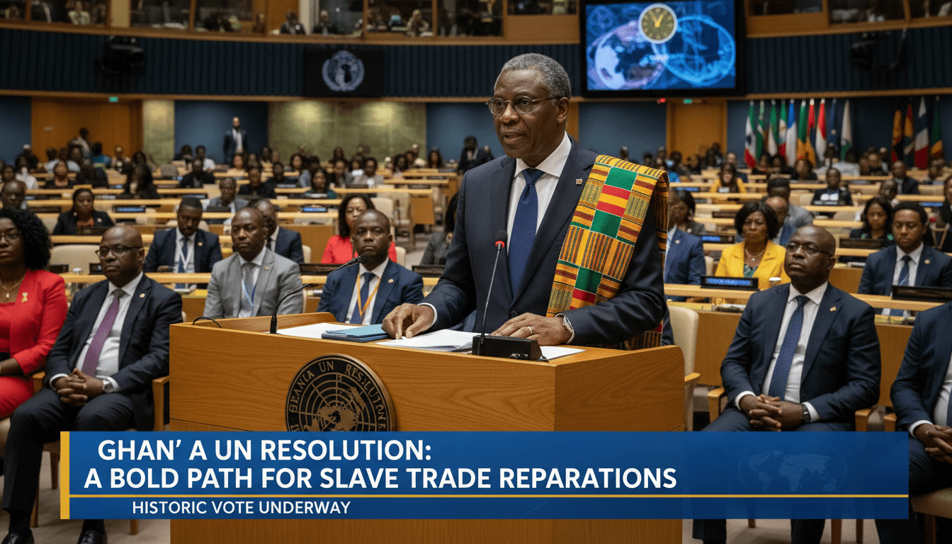 A cinematic, photorealistic editorial news shot of a dignified West African diplomat wearing a professional suit and a traditional Kente cloth sash, speaking with gravitas from a polished wooden podium in a grand international assembly hall. In the background, rows of diverse African and Caribbean delegates listen solemnly in a setting resembling the United Nations General Assembly. The lighting is authoritative and warm, emphasizing a historic moment of diplomacy. At the bottom of the frame, there is a professional, high-contrast TV news lower-third graphic with a bold blue and gold color scheme. The text on the banner is sharp and reads exactly: "Ghana UN Resolution: A Bold Path for Slave Trade Reparations".