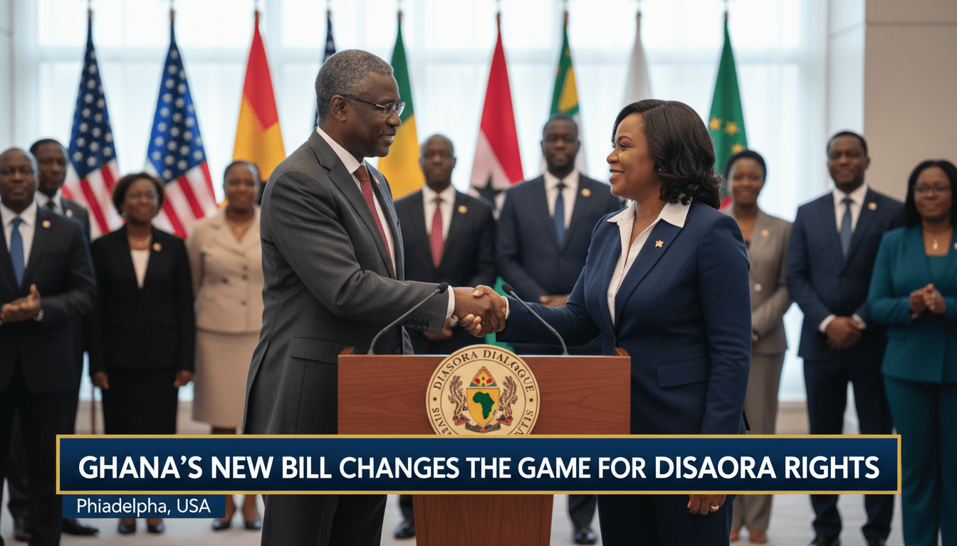 A photorealistic, cinematic editorial news shot of a distinguished West African leader in a professional suit standing at a podium during a formal "Diaspora Dialogue" event. He is shaking hands with a professional African American woman in business attire, symbolizing a partnership between Ghana and its diaspora. The background is a bright, modern conference hall in Philadelphia with blurred flags and a diverse audience of African and African American professionals looking on with optimism. The lighting is soft and professional, typical of a high-end news broadcast. At the bottom of the frame, a bold, high-contrast TV news lower-third banner in navy blue and gold features white, legible text that reads: "Ghana's New Bill Changes the Game for Diaspora Rights".