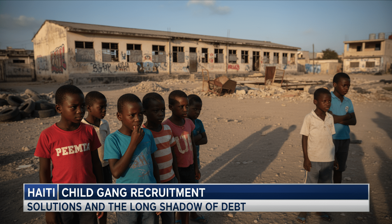 A cinematic, editorial news photograph of a group of Haitian school-age children of African descent standing in a weathered urban neighborhood in Port-au-Prince. The sun is low in the sky, casting long, dramatic shadows across the dusty ground to symbolize historical burdens. The mood is solemn and reflective, with the children looking toward a closed school building in the background. The composition follows professional broadcast standards with a wide-angle lens and a shallow depth of field. At the bottom of the frame, a bold, high-contrast TV news lower-third banner in navy blue and silver features crisp, white, legible text that reads: "Haiti Child Gang Recruitment Solutions and The Long Shadow of Debt". Photorealistic, 8k resolution, high-quality news graphics.