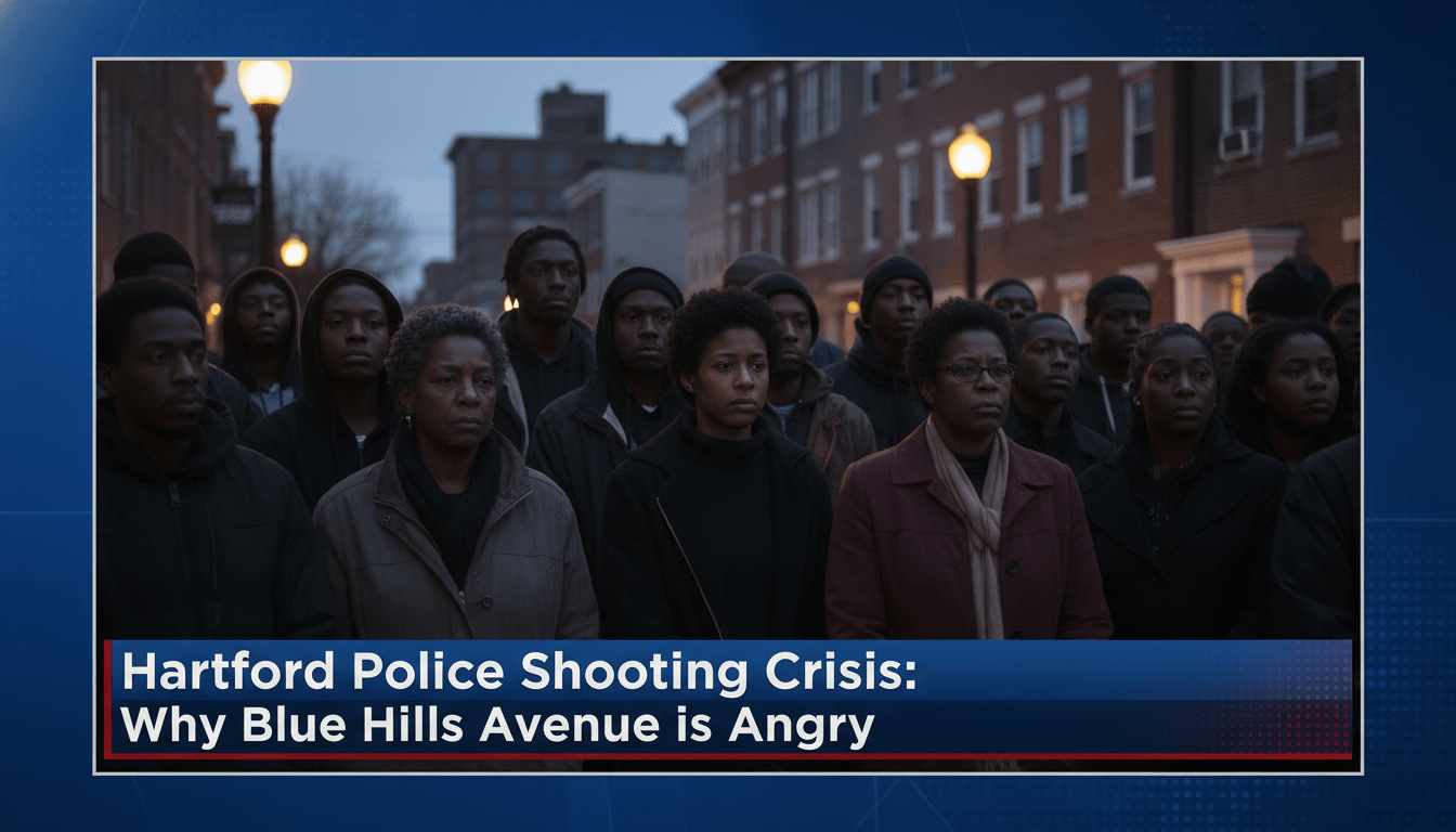 A cinematic, photorealistic editorial news photograph capturing a solemn community gathering on a city street in the North End of Hartford. A diverse group of African American residents, including elders and young adults, stand together with expressions of grief and determination. The setting is Blue Hills Avenue at twilight, with the glow of street lamps and soft silhouettes of urban brick buildings in the background. The scene is framed as a professional television news broadcast. At the bottom of the image, there is a bold, high-contrast TV news lower-third banner with the exact text: "Hartford Police Shooting Crisis: Why Blue Hills Avenue is Angry". The text is sharp, legible, and professionally formatted against a high-quality news graphic background.