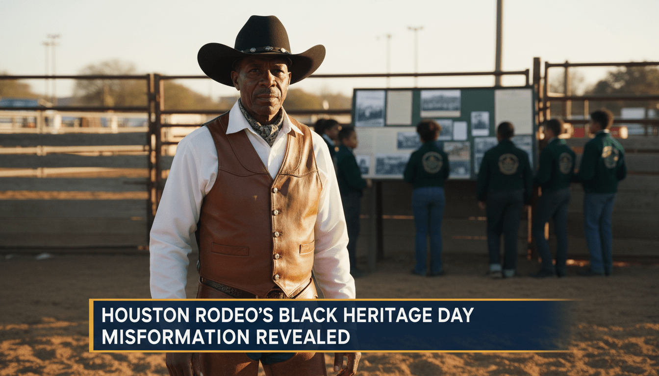 Cinematic, photorealistic editorial shot of a dignified African American man in traditional Western attire, including a dark felt cowboy hat and a detailed leather vest, standing in a sun-drenched rodeo arena. In the background, the blurred figures of young African American students in agricultural jackets look at a historical display, emphasizing the event's educational roots. The lighting is warm and golden-hour style, creating a sharp focus on the man's face and the texture of his clothing. The framing is a wide news-style shot. At the bottom of the frame, there is a professional, high-contrast TV news lower-third banner in navy blue and gold. The banner features bold, white, sans-serif text that reads exactly: "Houston Rodeo’s Black Heritage Day Misinformation Revealed".