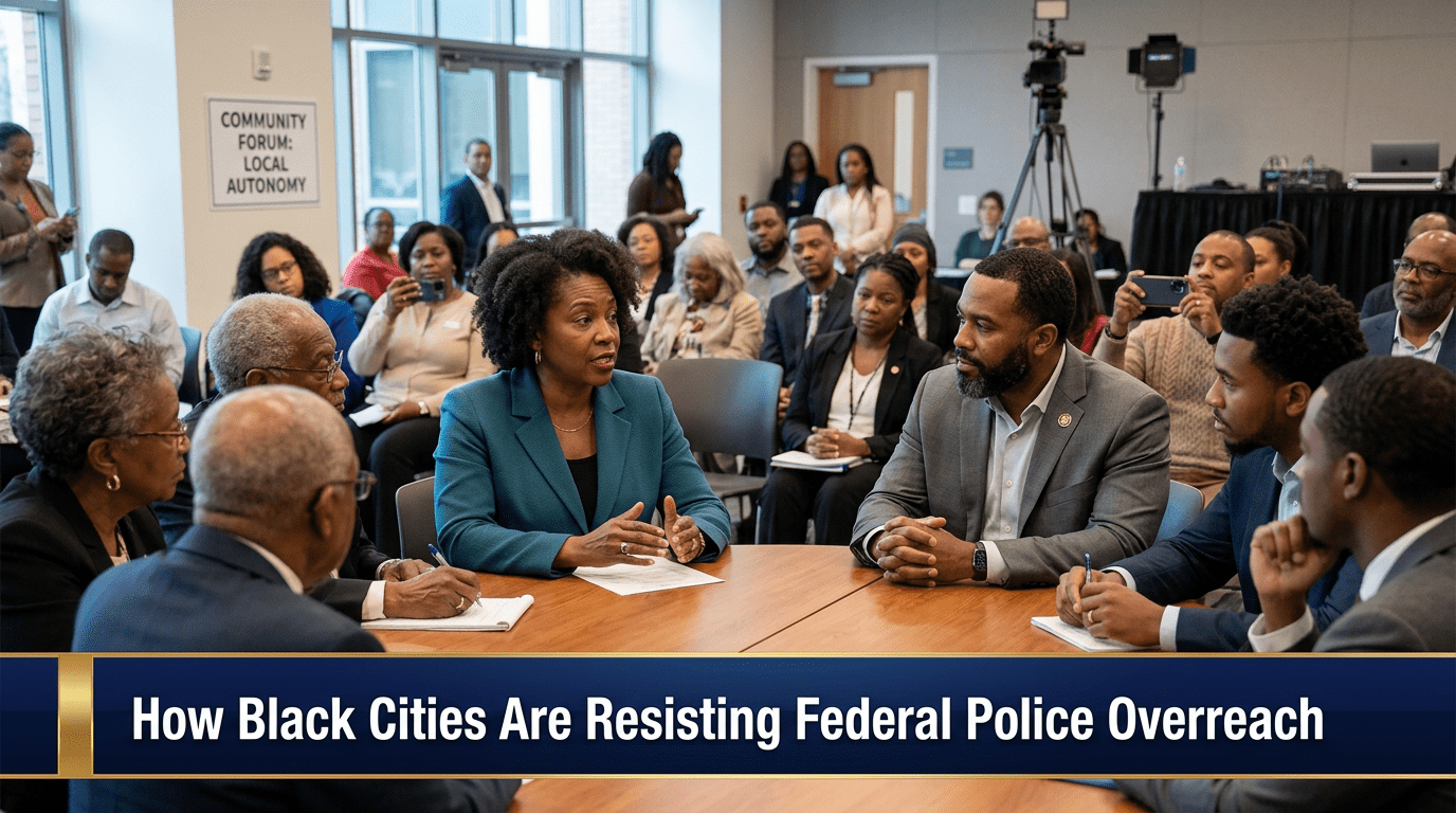 A professional, cinematic news broadcast still-image depicting a town hall meeting in a bustling city. The scene captures a diverse group of Black citizens and municipal leaders engaged in a serious, collaborative discussion about civic rights. The lighting is crisp and professional, typical of a high-end news segment. A prominent, modern TV news lower-third graphic banner is overlaid at the bottom of the frame. The banner contains the exact text: "How Black Cities Are Resisting Federal Police Overreach". The typography is bold, white, sans-serif, and highly legible against a professional navy blue and gold lower-third bar. The atmosphere is dignified, empowering, and focused on local governance and community autonomy. 8k resolution, editorial photography style, clean composition.