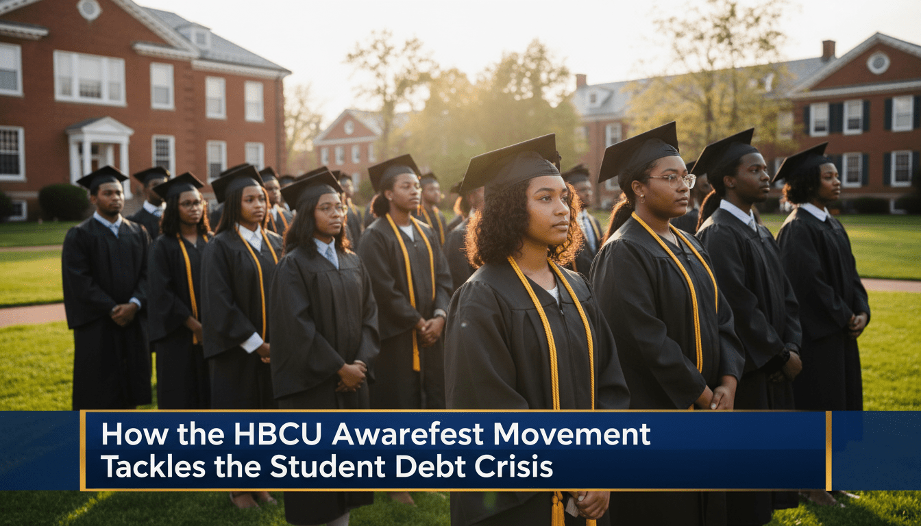 A photorealistic, cinematic wide shot in an editorial news broadcast style, featuring a diverse group of African American university students and recent graduates standing confidently on a sun-drenched, historic HBCU campus with classic red-brick architecture and lush green lawns. The graduates are wearing academic caps and gowns, looking toward the horizon with expressions of hope and empowerment. The lighting is warm and golden, evoking a sense of a bright future. In the lower third of the frame, there is a professional, high-contrast TV news graphic banner with a sleek, modern design. The bold white text on the dark blue and gold banner reads exactly: "How the HBCU Awarefest Movement Tackles the Student Debt Crisis". 8k resolution, sharp focus, professional photography.