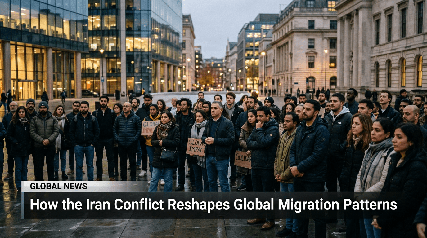 Cinematic, photorealistic editorial-style news photograph capturing a diverse, multinational crowd of people in a modern urban city plaza, representing a global diaspora community, standing together with expressions of concern and contemplation, soft ambient lighting during dusk, high-resolution broadcast quality. At the bottom of the frame, a professional, bold TV-news style lower-third banner is overlaid, featuring high-contrast, perfectly legible white text on a dark, semi-transparent background that reads exactly: "How the Iran Conflict Reshapes Global Migration Patterns".
