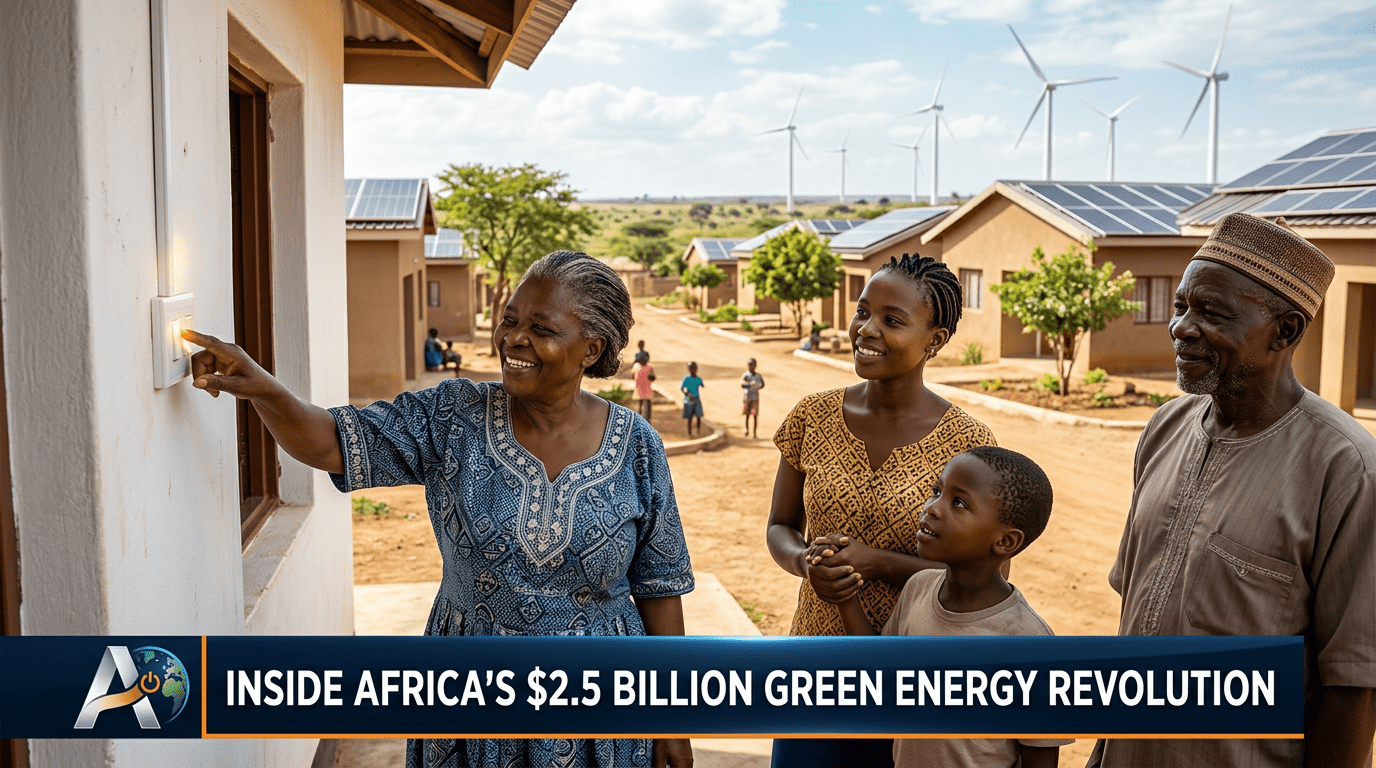 A cinematic, high-resolution editorial photograph of a sun-drenched, modern African village scene integrated with clean energy infrastructure, featuring solar panels on rooftops and sleek wind turbines in the distant landscape. In the foreground, a diverse multi-generational African family looks on with hope as a light switch is turned on, symbolizing progress and energy access. The lighting is warm, bright, and optimistic. The image is framed in a professional TV broadcast style with a sleek, high-contrast, modern lower-third graphic banner positioned at the bottom of the screen. The text on the banner reads clearly: "Inside Africa's $2.5 Billion Green Energy Revolution".