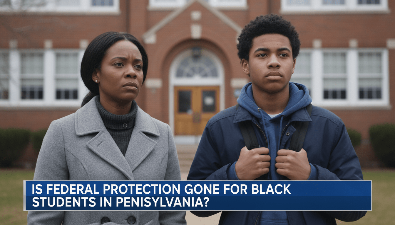 A professional editorial news photograph of a concerned African American mother and her teenage son standing outside a traditional red-brick public school building in Pennsylvania. The mother has a solemn, worried expression while the son looks on thoughtfully, holding the straps of his backpack. The lighting is overcast and cinematic, creating a serious and urgent mood. The image features a shallow depth of field, focusing on the family with the school blurred in the background. At the bottom of the frame, there is a sharp, high-contrast TV news lower-third banner in a professional blue and silver color scheme. The banner features bold, white, legible text that reads exactly: "Is Federal Protection Gone for Black Students in Pennsylvania?". 8k resolution, photorealistic, broadcast news style.