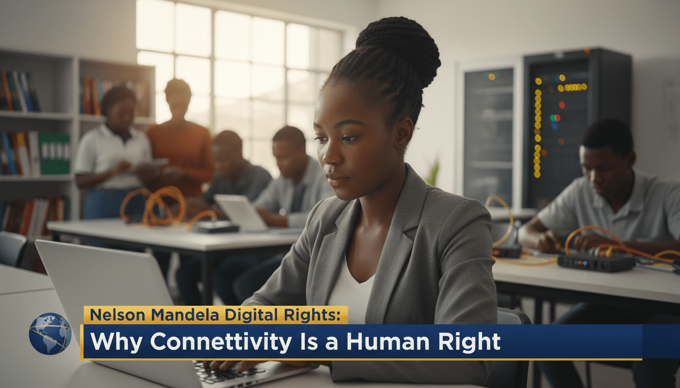 A cinematic, photorealistic news broadcast still. The scene features a focused young Black woman in a modern community technology center in South Africa, working intently on a sleek laptop. In the background, a diverse group of African students are visible in a brightly lit, contemporary classroom equipped with tablets and networking equipment. The atmosphere is hopeful and professional, captured in an editorial photography style with a shallow depth of field. At the bottom of the frame, there is a bold, high-contrast TV-news lower-third graphic. The banner features white, legible sans-serif text on a professional navy and gold background that reads exactly: "Nelson Mandela Digital Rights: Why Connectivity Is a Human Right".