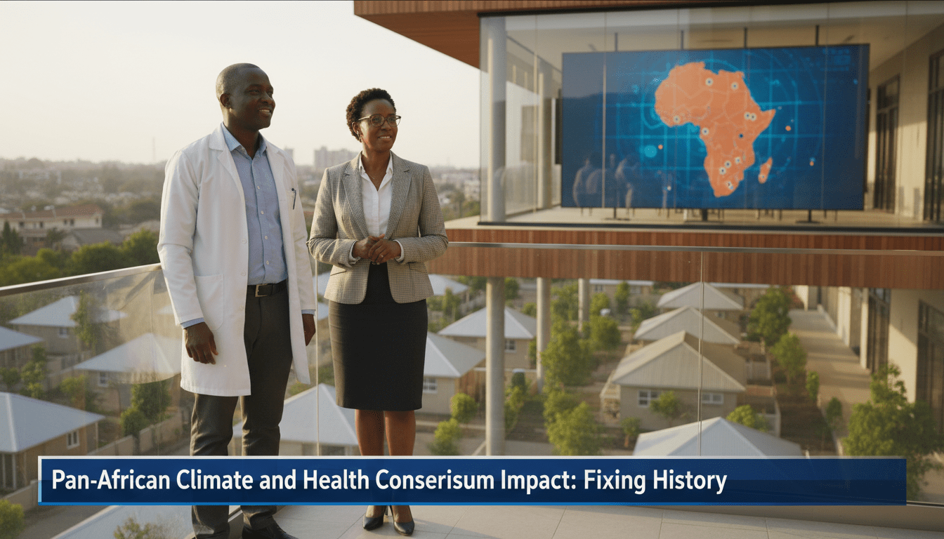 A cinematic, photorealistic editorial news shot of two professional African researchers—a man in a lab coat and a woman in professional attire—standing on a modern balcony at a university in Ghana or South Africa. They are looking over a vibrant, sun-drenched urban landscape where green trees are being planted among houses with reflective white-painted roofs. The lighting is the warm, clear glow of late afternoon. In the background, a digital screen displays a map of Africa with glowing data points. The image is framed as a high-quality television news broadcast with a shallow depth of field. Across the bottom of the frame is a professional, bold TV-news style lower-third banner in high-contrast dark blue and white. The text on the banner reads exactly: "Pan-African Climate and Health Consortium Impact: Fixing History"