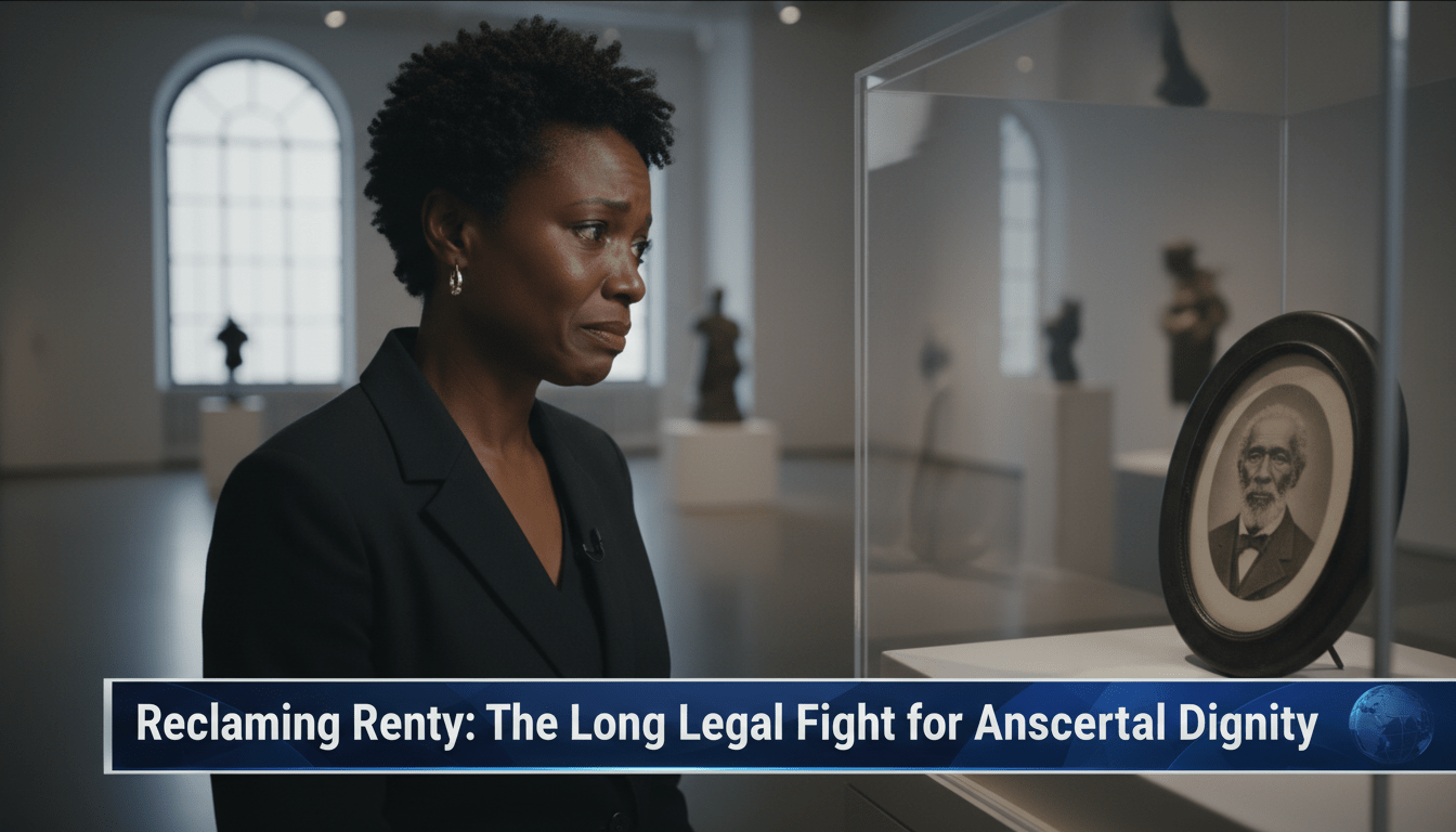 A cinematic, photorealistic editorial news illustration of a dignified African American woman standing in a modern, softly lit museum gallery. She is looking with deep emotion and reverence at a small, framed 19th-century daguerreotype portrait held behind a glass display case. The scene captures a sense of historic justice and ancestral honor. The framing is a medium shot in a professional news broadcast style. At the bottom of the screen, a bold, high-contrast TV news lower-third graphic is overlaid. The text on the banner reads exactly: "Reclaiming Renty: The Long Legal Fight for Ancestral Dignity". The typography is clean, white, and highly legible against a professional dark-toned news background.