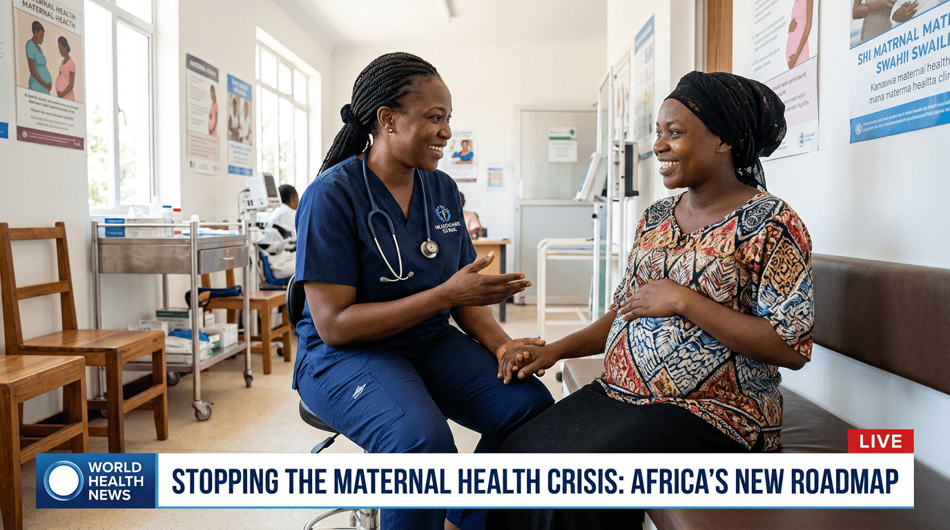 Cinematic, high-quality editorial news photograph featuring a compassionate African female healthcare professional interacting with an expectant mother in a bright, modern, well-equipped community health clinic. The lighting is soft and professional. The composition is set for a news broadcast with a clear, bold, high-contrast TV news lower-third banner at the bottom. The text on the banner reads exactly: "Stopping the Maternal Health Crisis: Africa's New Roadmap". The overall aesthetic is professional, hopeful, and urgent. Photorealistic, 8k resolution, documentary style.
