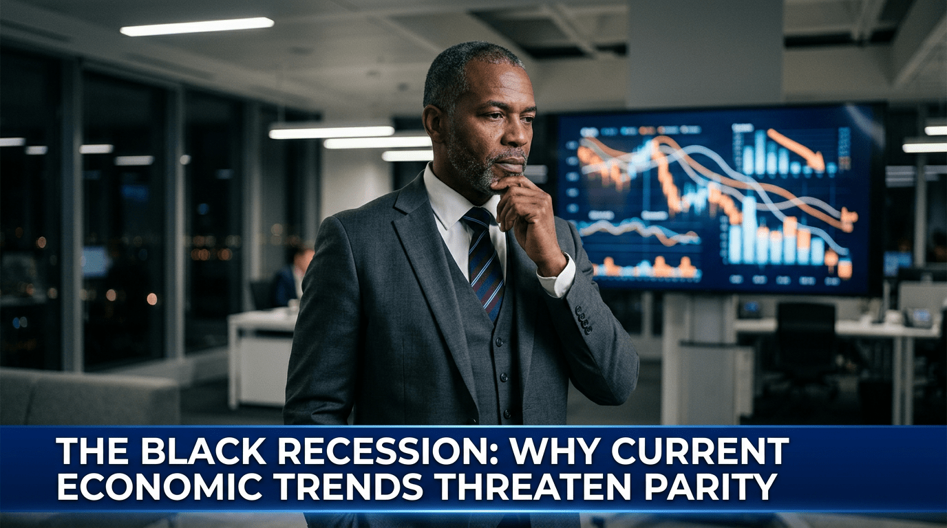 A cinematic, photorealistic news broadcast-style image showing a contemplative African American professional standing in a modern, slightly dimmed, high-tech workspace, reflecting the gravity of an economic downturn. The background is slightly out of focus, featuring subtle, glowing data visualization charts on a screen. The image features a professional TV news lower-third graphic overlay at the bottom of the frame. The text on the banner must be in a clean, bold, white sans-serif font against a dark blue background and must read exactly: "The Black Recession: Why Current Economic Trends Threaten Parity". High contrast, 8k resolution, professional news studio lighting.