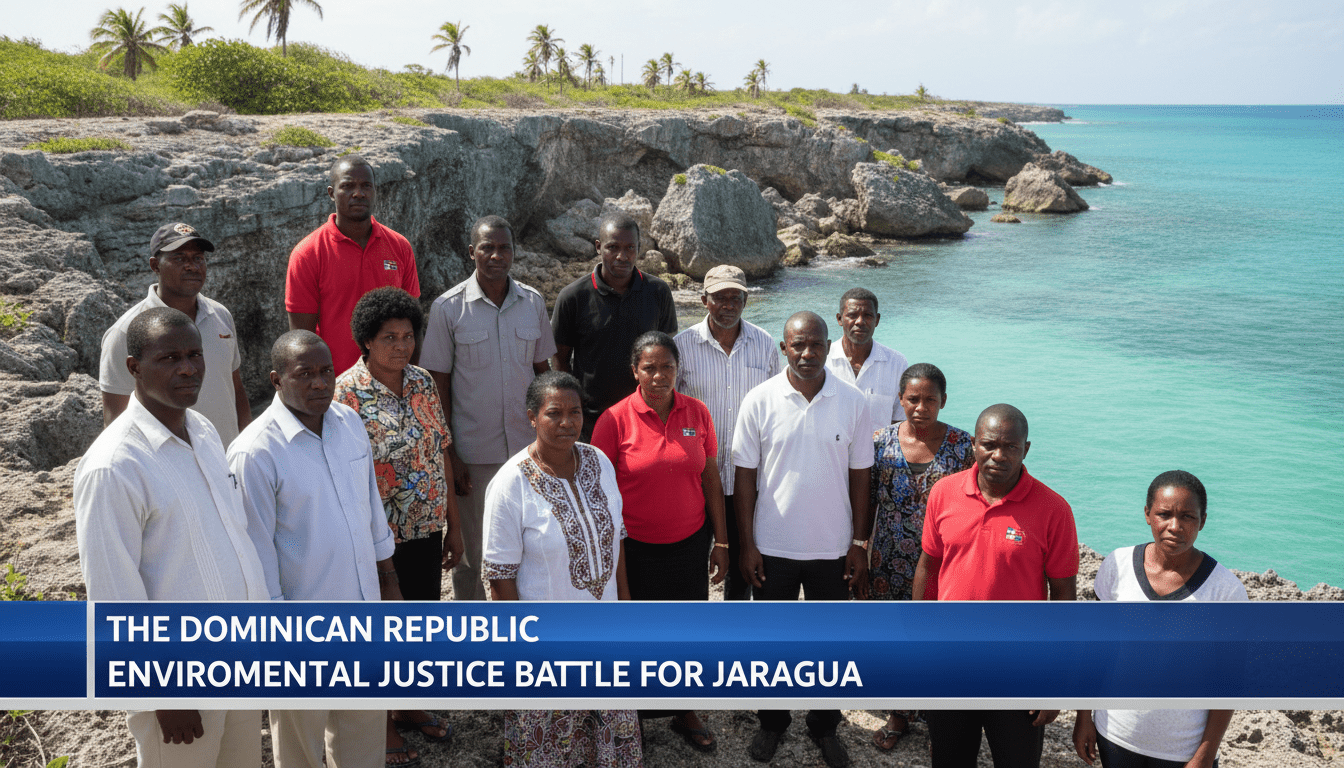 A cinematic, photorealistic editorial news shot of a group of Afro-Dominican community leaders and activists standing on the scenic, rugged coastline of Jaragua National Park. The background features pristine turquoise Caribbean waters and limestone cliffs under a bright sun. The individuals are depicted with expressions of solemn determination, representing the local Afro-descendant movements fighting for land rights. The image is framed as a professional news broadcast with a high-quality, bold lower-third graphic at the bottom. The banner is high-contrast, featuring bold white text on a professional television news background. The text on the banner reads exactly: "The Dominican Republic Environmental Justice Battle for Jaragua". The lighting is natural and crisp, emphasizing the beauty of the natural landscape and the dignity of the community.