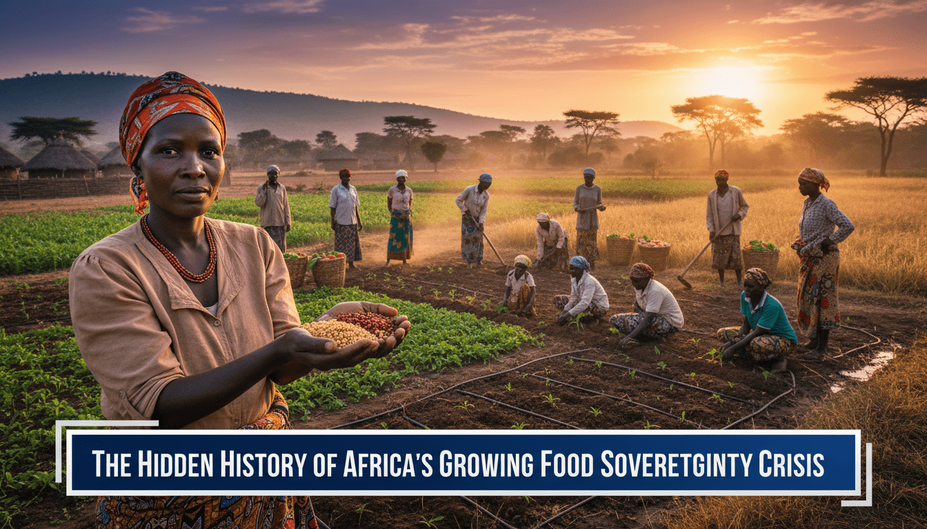 A cinematic and photorealistic editorial-style scene of African smallholder farmers, including both men and women, working a vibrant communal field in a rural landscape. The image captures a sense of dignity and resilience, with a focus on a farmer in the foreground holding a handful of traditional heirloom seeds. The lighting is warm and natural, evocative of a sunrise over the continent. The framing is consistent with a professional news broadcast. At the bottom of the frame, there is a bold, high-contrast TV-news style lower-third banner with a professional graphic design. The text on the banner is written in a clear, modern, bold font and reads exactly: "The Hidden History of Africa's Growing Food Sovereignty Crisis"