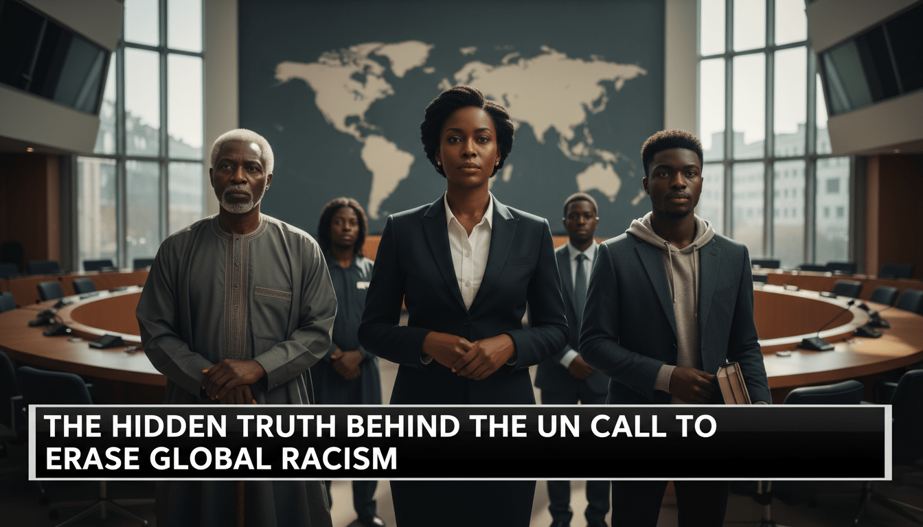 A cinematic, photorealistic editorial-style photograph of a dignified and multi-generational group of people from the African diaspora, including a professional woman in a suit, an elderly man with a thoughtful expression, and a young university student, standing together in a modern, sunlit hall that evokes a global diplomatic setting. The background features a large, soft-focus world map and architectural elements reminiscent of a high-level international assembly. The lighting is bright and professional, creating a mood of solemnity and progress. In the lower third of the frame, there is a bold, high-contrast TV news-style banner with a sleek professional design. On this banner, the following text is written clearly in a bold, legible white font: "The Hidden Truth Behind the UN Call to Erase Global Racism".