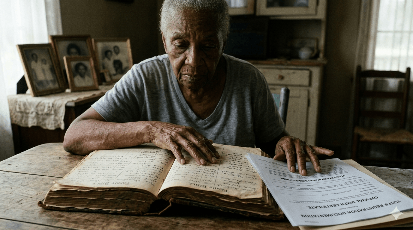 A cinematic, photorealistic news broadcast still featuring an elderly African American woman with a dignified expression, seated at a wooden table while looking through an old, weathered family Bible and faded vintage documents. The lighting is soft and editorial, creating a solemn and high-quality atmosphere. Across the bottom of the image is a professional TV-news lower-third banner graphic. The banner features bold, high-contrast white text on a deep blue background that reads exactly: "Why Jim Crow History Threatens Voting Rights for Black Elders".