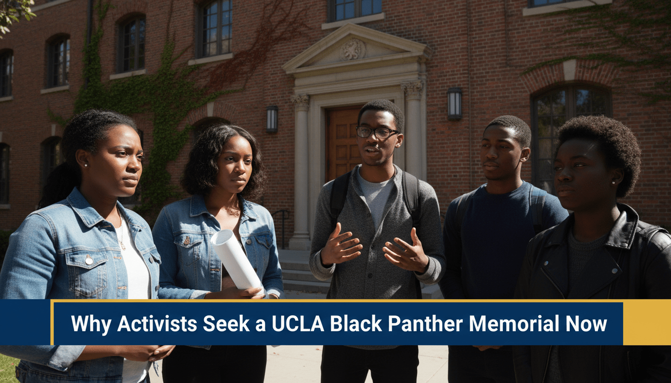 A cinematic, photorealistic editorial news shot of a group of focused African American university students standing in front of a historic red-brick campus building. The scene captures a mood of determination and historical reflection under the bright afternoon sun of a California university. The composition is a professional medium-wide shot, as if taken for a broadcast news segment. At the bottom of the image, there is a clean, bold, professional TV news lower-third banner with high-contrast text that reads exactly: "Why Activists Seek a UCLA Black Panther Memorial Now". The text is in a clear, white, sans-serif font against a solid dark blue and gold graphic background. High-quality journalism aesthetic, 8k resolution, realistic textures, and broadcast-style lighting.