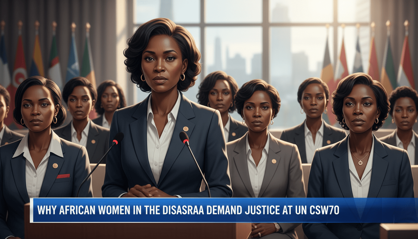 A cinematic, photorealistic news broadcast-style illustration. In the foreground, a group of professional and determined Black women representing diverse backgrounds from the African continent and the global diaspora are gathered in a brightly lit, modern international assembly hall. One woman, a generic speaker in professional business attire with subtle traditional African patterns, stands confidently at a lectern, while others sit behind her in a focused, solemn display of solidarity. The background is softly blurred, showing a prestigious hall with hints of international flags. At the bottom of the frame, a sharp, professional TV-news lower-third banner in high-contrast blue and white features bold, legible text that reads exactly: "Why African Women in the Diaspora Demand Justice at UN CSW70". The lighting is bright and editorial, capturing a historic moment of advocacy.