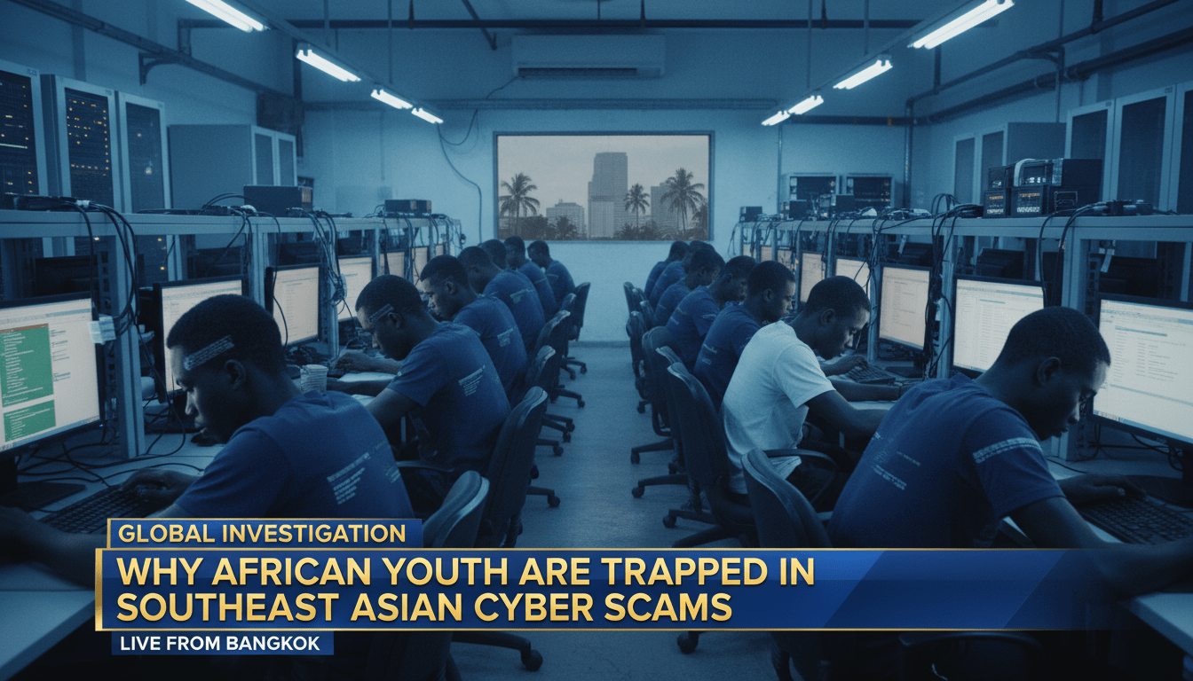 A cinematic, photorealistic editorial news shot of several young African men and women in their 20s, looking exhausted and weary as they sit at rows of glowing computer monitors in a dimly lit, high-tech industrial office. The scene reflects a "digital slavery" environment with cold, clinical lighting and reflections of code and chat interfaces on the subjects' faces. In the background, a small, high window reveals a hint of a tropical Southeast Asian skyline with palm trees, suggesting a location far from home. The framing is a professional news broadcast wide-angle shot. At the bottom of the image is a bold, high-contrast TV-news style lower-third banner with a professional blue and gold color scheme. The banner features clear, legible text that reads exactly: "Why African Youth Are Trapped in Southeast Asian Cyber Scams".