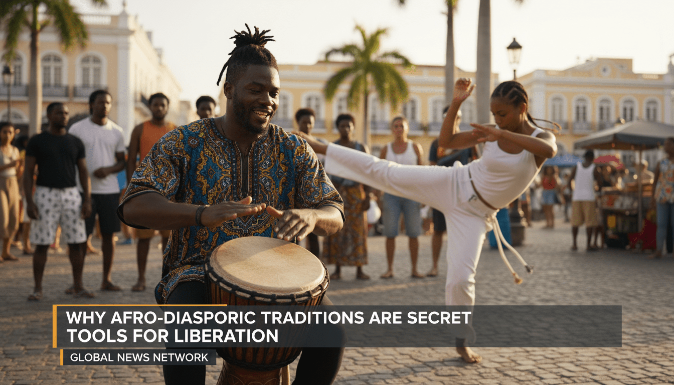 A high-quality, cinematic news broadcast still. The scene features a group of diverse people of the African diaspora gathered in a vibrant, sun-lit urban plaza. In the foreground, a man with a focused and proud expression plays a traditional djembe drum. In the soft-focus background, another individual performs the fluid, rhythmic, and athletic movements of Capoeira. The image has the sharp, professional look of a feature news story with shallow depth of field and warm, natural editorial lighting. At the bottom of the screen is a professional TV news lower-third graphic. The graphic consists of a sleek, dark translucent banner with bold, high-contrast white sans-serif text that reads exactly: "Why Afro-Diasporic Traditions Are Secret Tools for Liberation". 8k resolution, photorealistic, news agency photography style.