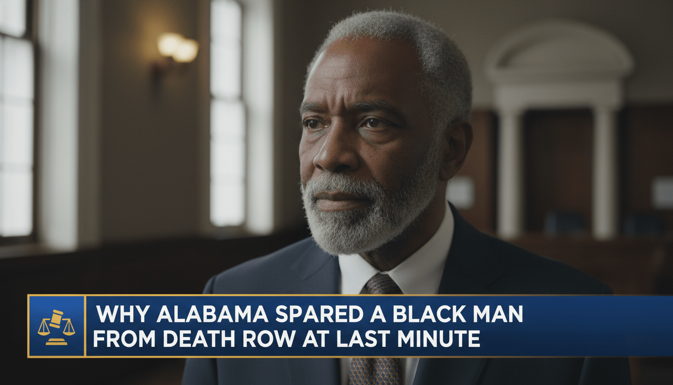 A cinematic, photorealistic news broadcast frame. The scene features a dignified, 75-year-old African American man with a thoughtful expression and graying hair, looking toward a source of soft, natural light. The background is a blurred, professional judicial setting with hints of classical architecture, suggesting a sense of gravity and history. The lighting is dramatic and high-quality, typical of an editorial news feature. At the bottom of the screen, there is a prominent, professional TV-news style lower-third banner with a high-contrast color scheme and bold, legible typography. The text on the banner reads exactly: "Why Alabama Spared a Black Man From Death Row At Last Minute". The overall mood is solemn, reflective, and significant.