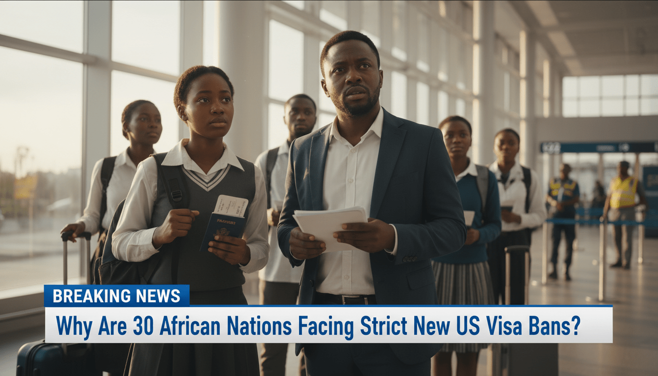 Cinematic, photorealistic editorial news photography capturing a group of Sub-Saharan African people—including a young female student with a backpack and a professional man in a business suit—standing in a modern, glass-walled international airport terminal. They are holding passports and travel documents, looking toward a departure gate with expressions of concern and uncertainty. The lighting is soft and natural, reflecting a high-end broadcast television aesthetic with a shallow depth of field. At the bottom of the frame, there is a bold, professional TV-news lower-third graphics banner in high-contrast blue and white. The text on the banner reads exactly: "Why Are 30 African Nations Facing Strict New US Visa Bans?"