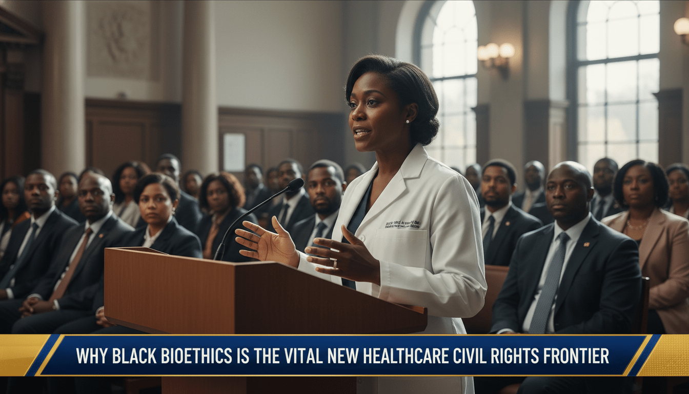 Cinematic, photorealistic news broadcast still. The scene depicts a professional African American female medical expert in a white lab coat speaking at a modern wooden lectern during a high-profile briefing. In the background, a diverse group of medical professionals and scholars of African descent are seated, listening intently in a prestigious, sunlit university hall. The framing is a medium shot, editorial style, with a shallow depth of field. At the bottom of the frame, there is a professional, high-contrast TV news lower-third banner in deep blue and gold. The banner features bold, white, legible sans-serif text that reads exactly: "Why Black Bioethics is the Vital New Healthcare Civil Rights Frontier". High-quality, 8k resolution, sharp focus on the speaker.