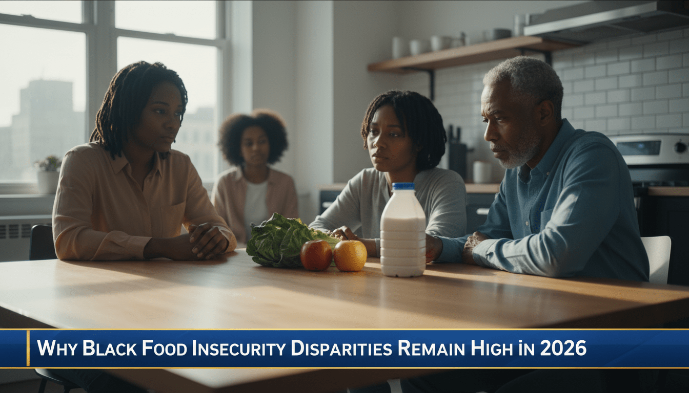A cinematic, photorealistic editorial news shot of a multigenerational African American family seated at a kitchen table in a modern urban apartment. The scene is lit with soft, natural morning light, capturing a somber and reflective mood. An adult woman and an elderly man are looking at a small selection of fresh groceries on the table with expressions of concern and resilience. The background shows a clean but sparsely decorated kitchen, emphasizing a quiet, domestic struggle. The image features a professional, high-quality TV news lower-third banner at the bottom, designed with a sleek blue and gold color scheme. The banner contains bold, high-contrast white text that reads exactly: "Why Black Food Insecurity Disparities Remain High in 2026". The overall composition has a shallow depth of field, 8k resolution, and the polished look of a professional broadcast journalism still.