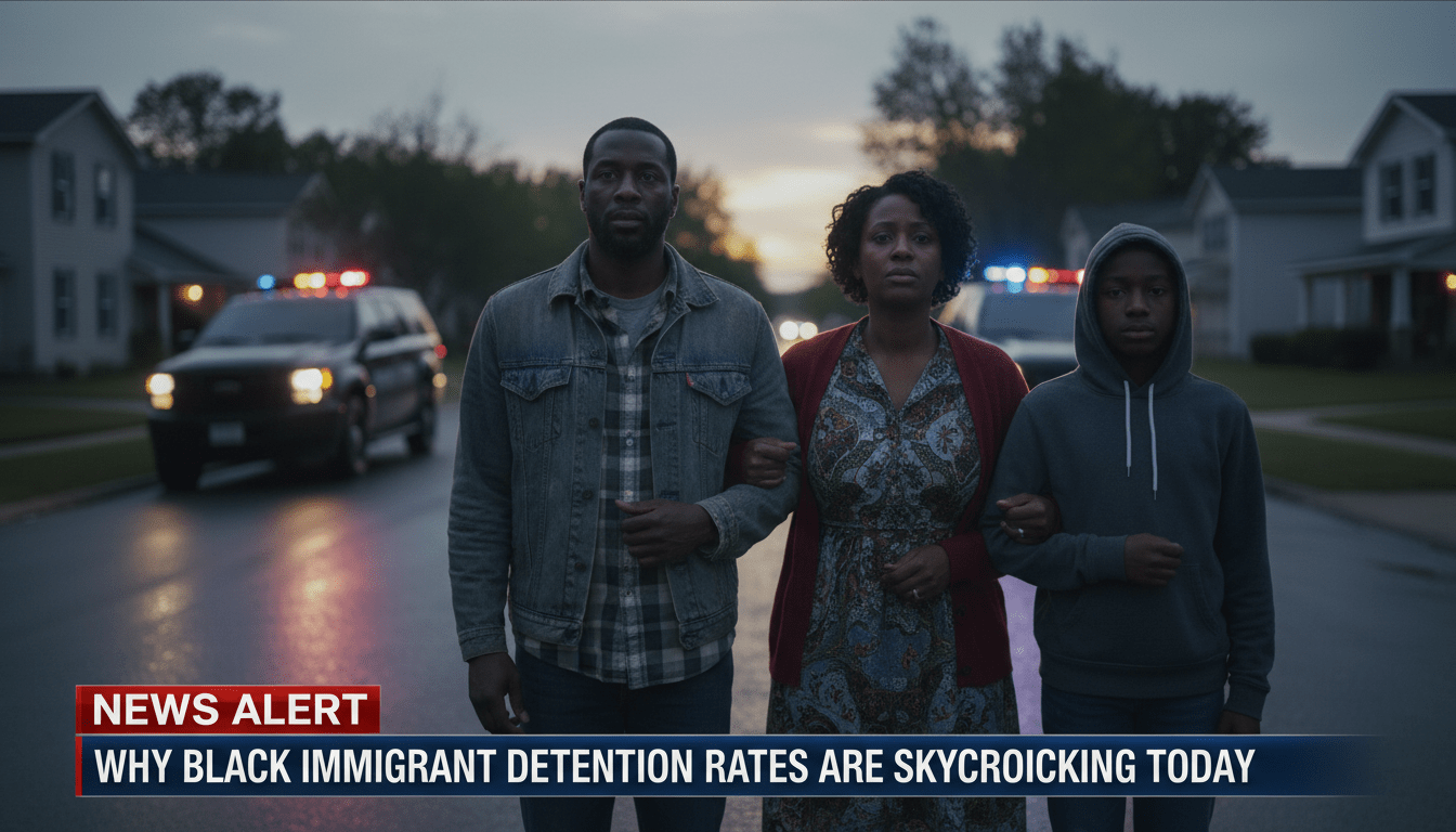 Cinematic, photorealistic editorial news shot of a concerned Black family of Caribbean and African descent standing together in a quiet residential neighborhood at dusk. In the soft-focus background, the silhouettes of official government transport vehicles are visible with muted red and blue emergency light reflections on the pavement, suggesting a heavy law enforcement presence without showing weapons or conflict. The atmosphere is solemn and high-stakes. The image features a professional, high-contrast TV news lower-third banner at the bottom with bold, legible white text that reads: "Why Black Immigrant Detention Rates Are Skyrocketing Today". 8k resolution, broadcast journalism aesthetic, sharp focus on the subjects' expressive faces.