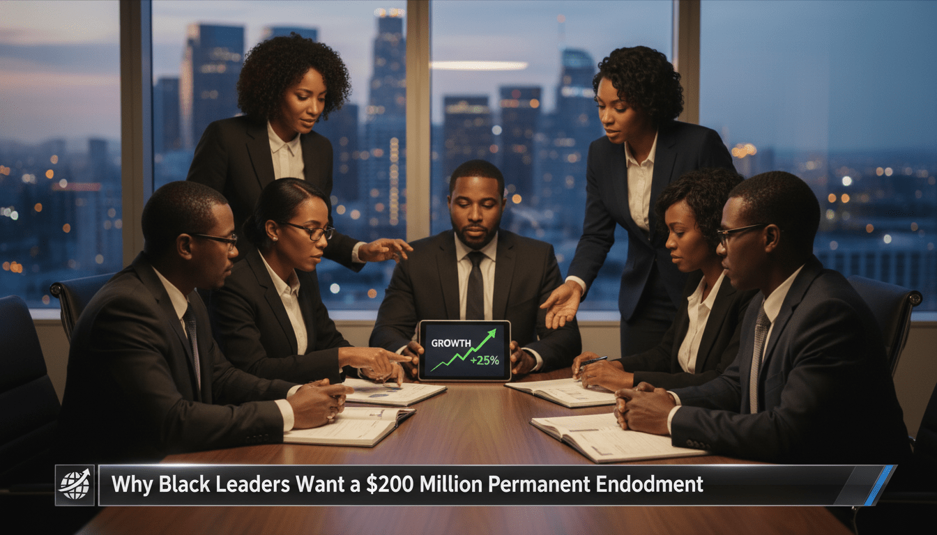 Cinematic, photorealistic news broadcast still. A group of African American professionals—men and women in business attire—are gathered in a high-rise office overlooking a soft-focus California city skyline. They are engaged in a serious, strategic meeting, looking determined and visionary while reviewing financial documents and a digital tablet showing an upward-trending growth chart. The lighting is warm and authoritative, using an editorial photography style with a shallow depth of field. At the bottom of the frame, a sharp, professional TV news lower-third graphic is overlaid. The banner features a clean, modern design with bold, high-contrast white lettering on a dark, semi-transparent background. The text on the banner reads exactly: "Why Black Leaders Want a $200 Million Permanent Endowment". 8k resolution, sharp focus, broadcast quality.