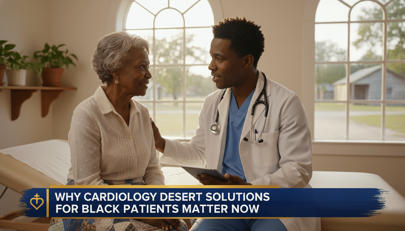 A cinematic, photorealistic news broadcast still. An African American male cardiologist in a professional white lab coat and stethoscope is shown in a medium shot, consulting compassionately with an elderly African American woman in a bright, modern community health clinic. The setting reflects a rural Southern town with warm, natural sunlight filtering through the windows. The framing is editorial and clean, using a shallow depth of field to focus on the doctor-patient interaction. At the bottom of the frame, there is a bold, high-contrast TV news lower-third graphic with a professional navy blue and gold accents. On the banner, the text is written in a large, legible, white sans-serif font and reads exactly: "Why Cardiology Desert Solutions for Black Patients Matter Now"