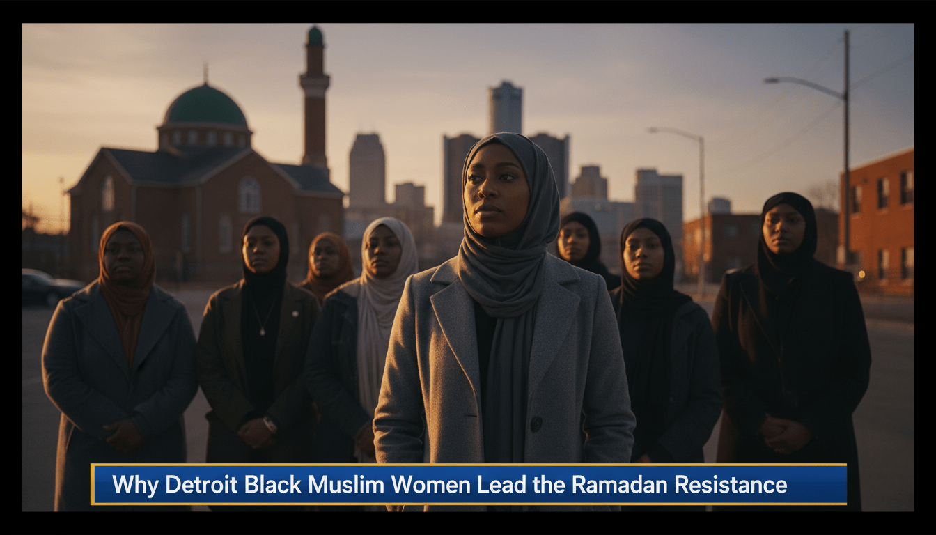 Cinematic editorial photo, news broadcast style. A group of African American Muslim women of diverse ages stand together with "regal" dignity in a Detroit urban neighborhood during the golden hour of sunset. The central figure is a Black woman in her 30s wearing a stylish, elegant hijab and a modest coat, looking toward the horizon with a resilient and peaceful expression. In the background, the soft-focus silhouette of a brick community masjid and the Detroit city skyline are visible under a warm, twilight sky. The scene captures a sense of community stewardship and spiritual discipline. At the bottom of the frame, a bold, high-contrast TV news lower-third graphic banner in blue and gold. On the banner, the bold white text reads exactly: "Why Detroit Black Muslim Women Lead the Ramadan Resistance". 8k resolution, photorealistic, documentary photography style.