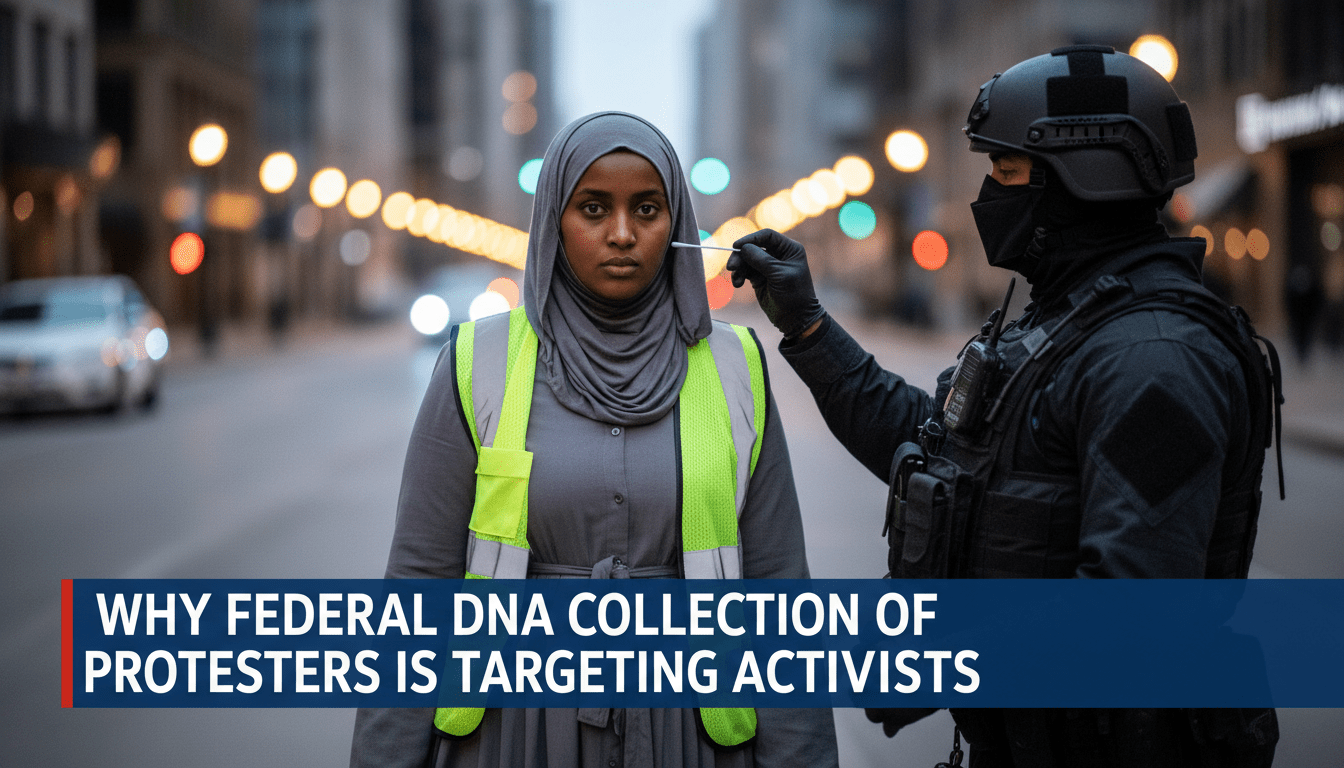 Cinematic, photorealistic news broadcast still of a Somali-American female activist wearing a neon green legal observer vest and a hijab, standing on a Minneapolis city street at dusk. A generic federal agent in a dark tactical uniform, shown from the shoulder over, holds a medical cotton swab near her as if to collect a DNA sample. The background features a blurred urban environment with the soft bokeh of blue and red emergency lights. Editorial photography style, high-definition, with a shallow depth of field. At the bottom of the frame, a professional, bold TV news lower-third banner with high-contrast text reads: "Why Federal DNA Collection of Protesters is Targeting Activists"