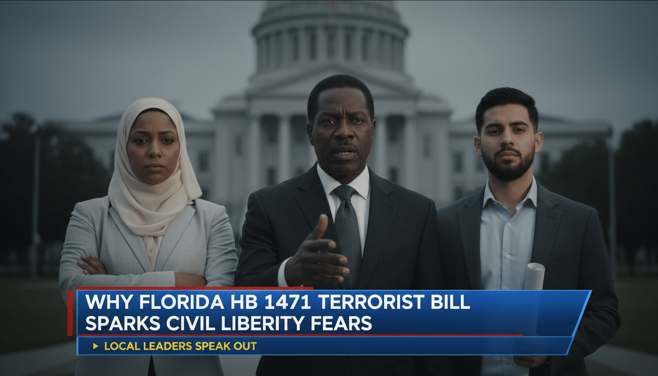 A cinematic, photorealistic news broadcast still featuring a diverse group of concerned citizens, including an African American community leader, a woman wearing a professional hijab, and a young Latino advocate. They are standing together in a symbolic show of unity in front of a blurred state capitol building with white columns. The lighting is somber and dramatic, reflecting a mood of serious civic concern. The framing is a medium shot, typical of an editorial news report. At the bottom of the frame, there is a professional, high-contrast TV news lower-third graphic banner. The bold, legible white text on the banner reads exactly: "Why Florida HB 1471 Terrorist Bill Sparks Civil Liberty Fears". High-quality editorial photography, 8k resolution, sharp focus on the subjects.
