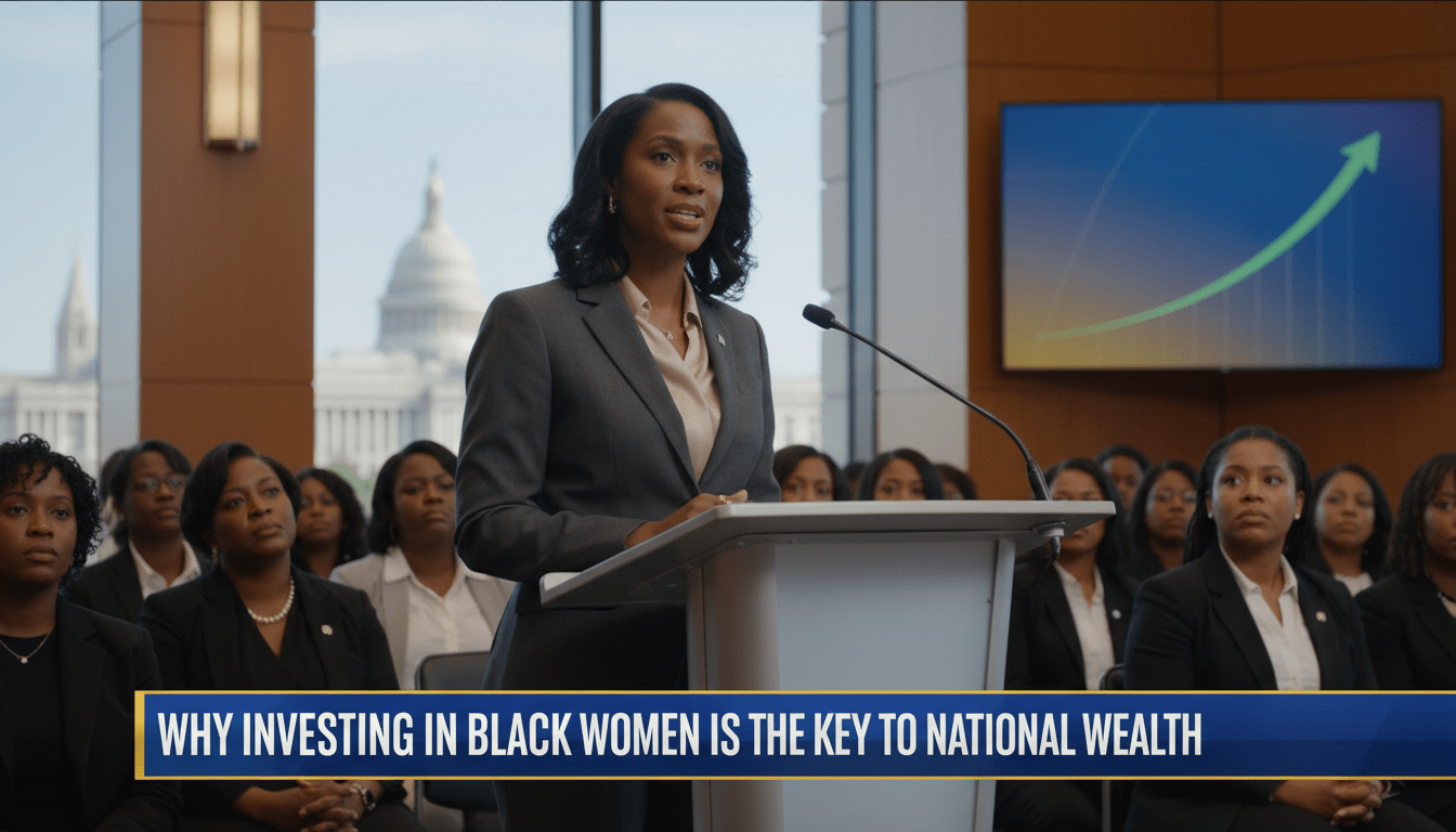 Cinematic, photorealistic news broadcast frame. A professional and poised African American woman in a sharp business suit stands at a modern podium speaking at a national economic summit in a bright, prestigious conference hall. The background features blurred architectural elements of Washington D.C. and a screen showing an abstract rising economic growth chart. In the foreground, an audience of professional Black women is seen from a low-angle, listening attentively. High-quality 8k resolution, editorial photography style with shallow depth of field. At the bottom of the screen, a bold, professional TV news lower-third graphic banner with high-contrast colors. The text on the banner reads exactly: "Why Investing in Black Women is the Key to National Wealth"