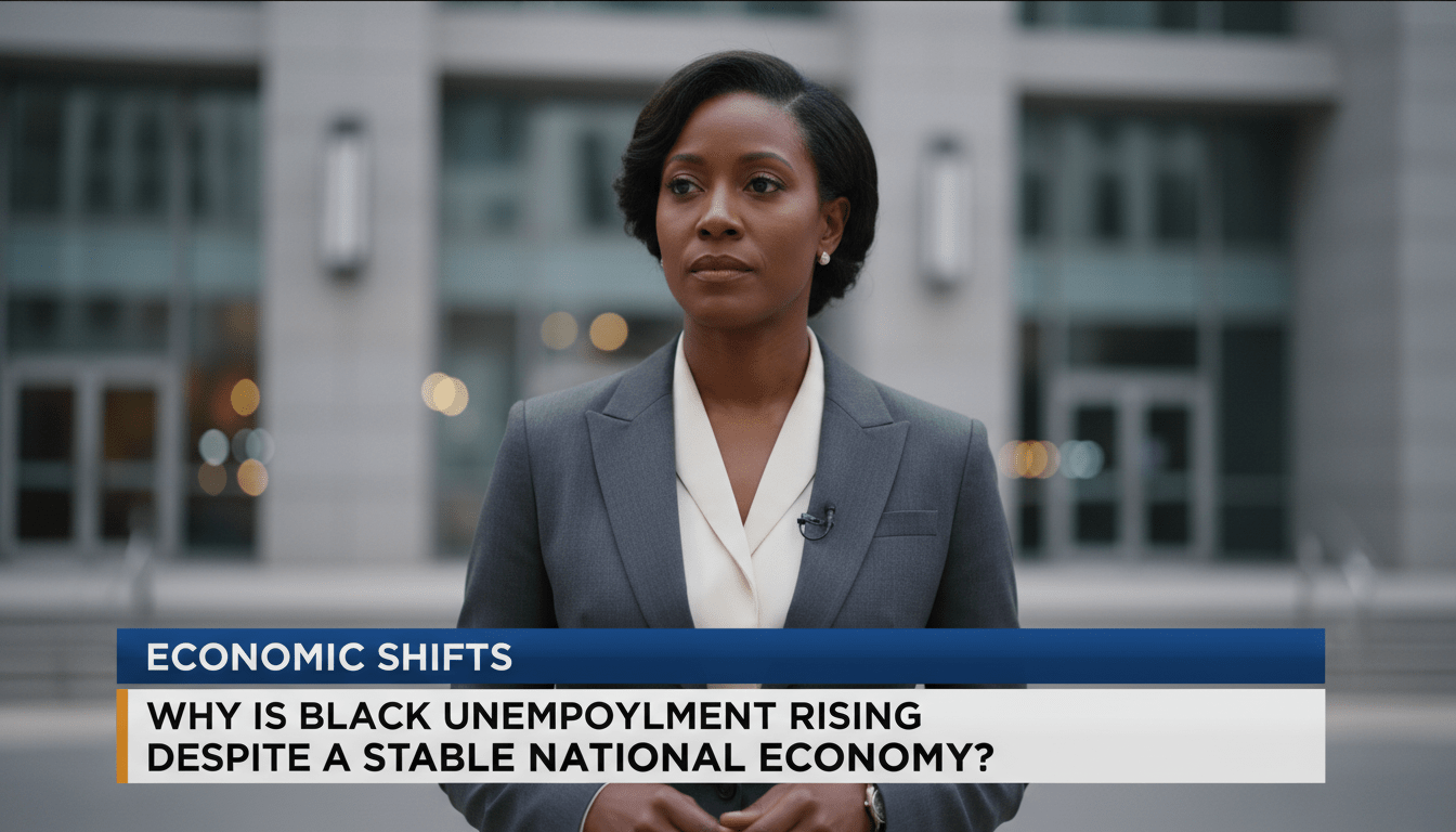 Cinematic, photorealistic editorial news shot of a professional African American woman standing in a modern office setting or in front of a blurred metropolitan government district. She has a thoughtful and somber expression, representing the professional demographic most affected by recent economic shifts. The lighting is dramatic and clean, using a shallow depth of field to create a high-end television news broadcast aesthetic. Across the bottom of the frame, there is a bold, professional TV-news lower-third banner with a high-contrast color scheme. On the banner, crisp and legible white text reads exactly: "Why Is Black Unemployment Rising Despite a Stable National Economy?"