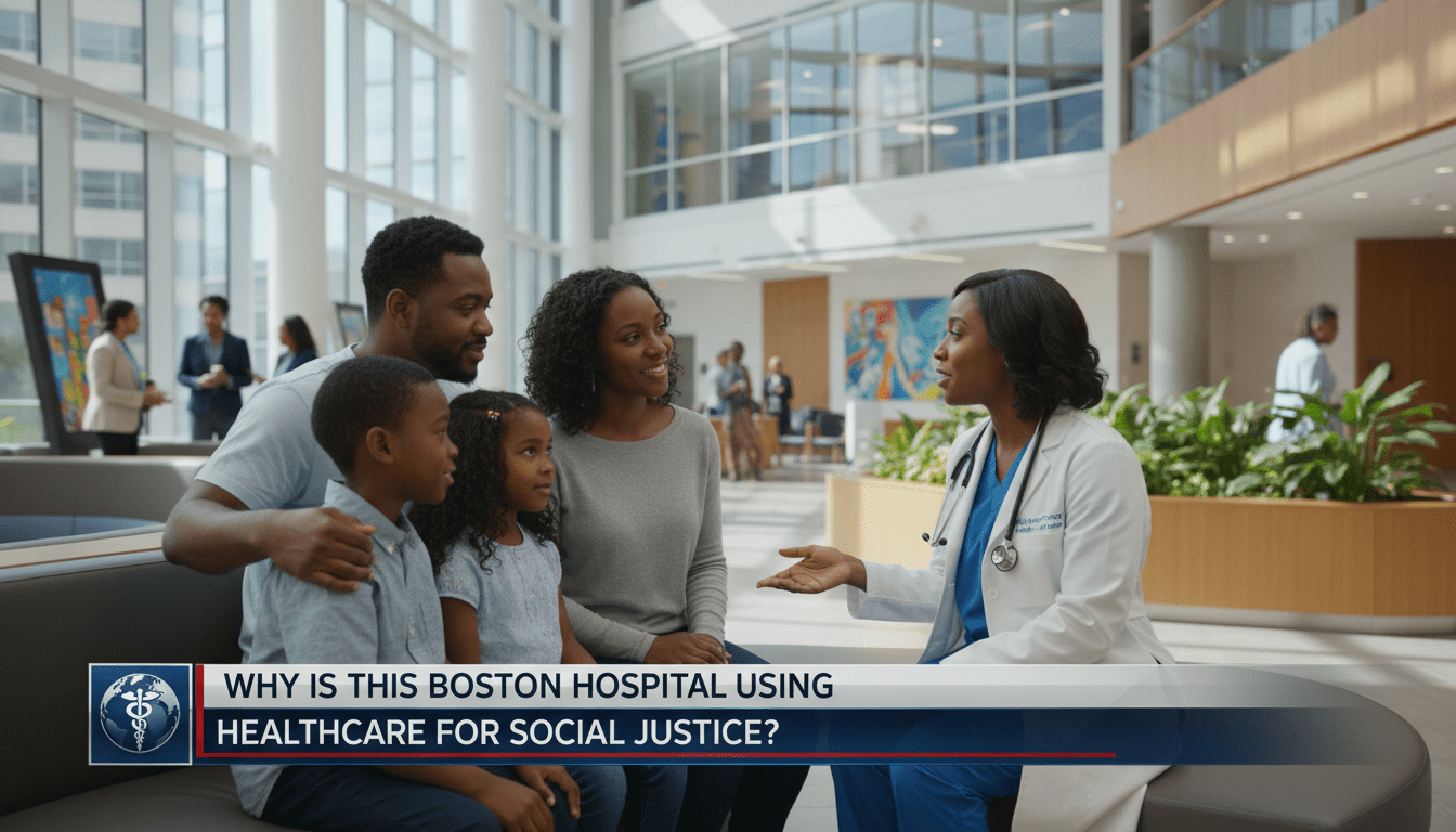 Cinematic, photorealistic editorial news broadcast shot of a professional African American female physician in a white lab coat engaging in a supportive conversation with an African American family in a modern, sunlit hospital atrium. The scene reflects a high-quality medical environment with a focus on community care and trust. The framing is a professional medium-wide shot with a shallow depth of field, typical of a documentary news segment. At the bottom of the frame, there is a bold, high-contrast TV news lower-third banner. The banner features a sleek professional design and must include the exact text: "Why Is This Boston Hospital Using Healthcare for Social Justice?". The lighting is bright and natural, conveying a hopeful and authoritative atmosphere.