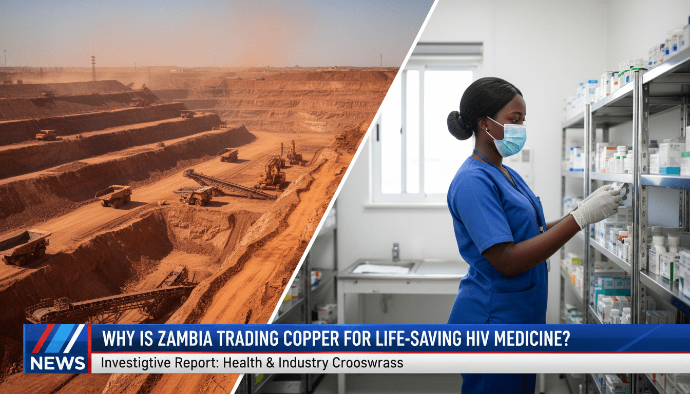 A cinematic, photorealistic news broadcast-style illustration. The scene is a split composition representing the intersection of industry and healthcare in Zambia: on one side, an expansive open-pit copper mine with deep terracotta-colored earth and industrial machinery; on the other side, a professional African healthcare worker in a clean, modern clinic setting, organizing bottles of medicine. The lighting is dramatic and editorial, reflecting a high-stakes investigative report. At the bottom of the frame, there is a bold, high-contrast TV news lower-third banner with a professional graphic design. The banner features large, legible white text that reads: "Why Is Zambia Trading Copper for Life-Saving HIV Medicine?"