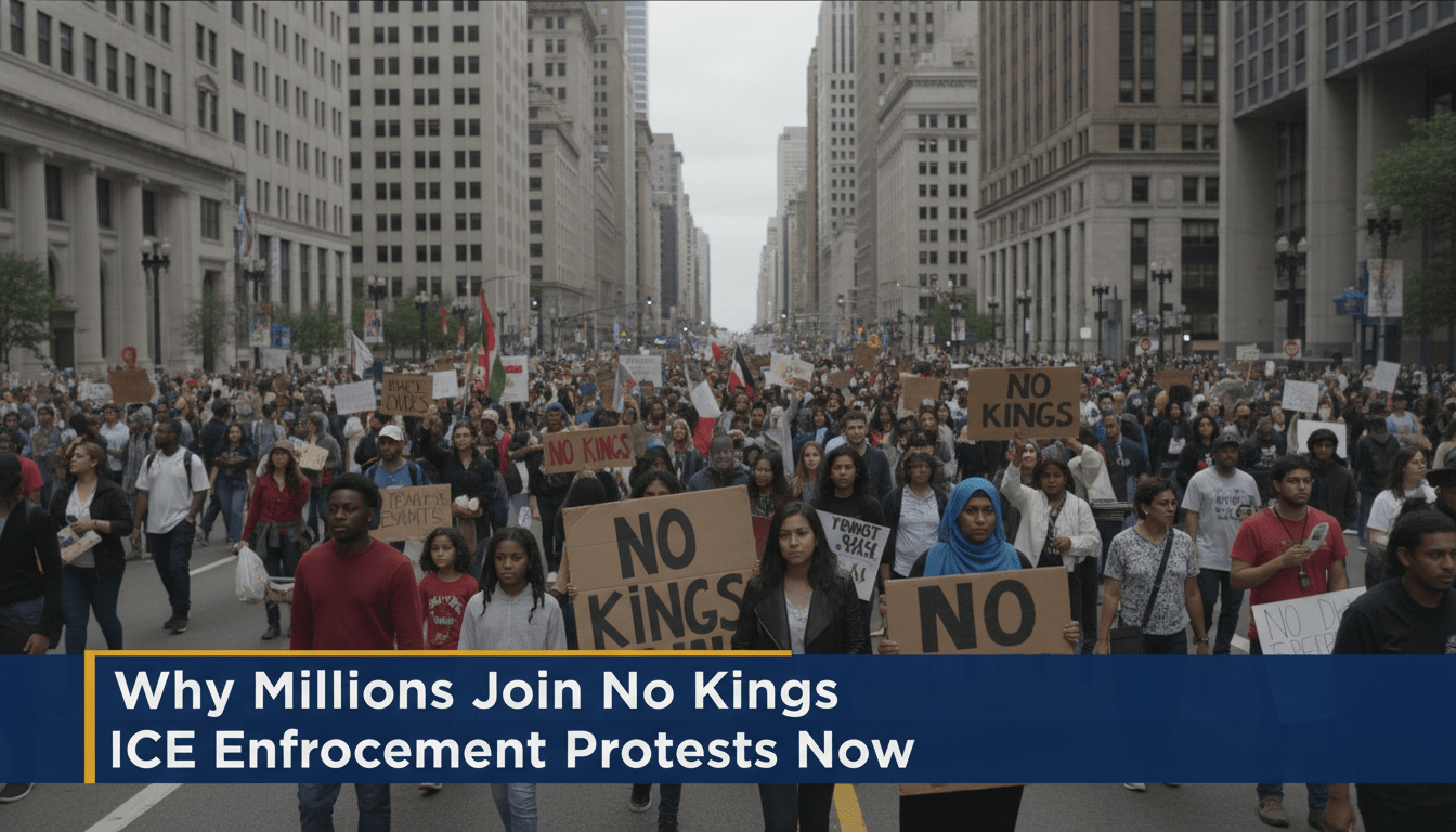 A cinematic, photorealistic news broadcast wide shot of a massive, peaceful protest march filling a wide American city boulevard. In the foreground, a diverse group of demonstrators—including an African American family, Latino community members, and a woman in a hijab representing the Somali community—walk with determined, solemn expressions. They hold hand-painted cardboard signs that read "NO KINGS." The crowd of thousands stretches deep into the urban background between tall city buildings under an overcast sky. The image features a professional, high-contrast TV news lower-third banner in the bottom third of the frame. The banner is solid navy blue with a gold accent bar, featuring bold, legible white sans-serif text that reads: "Why Millions Join No Kings ICE Enforcement Protests Now"