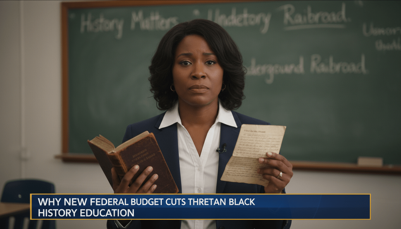 A cinematic, photorealistic editorial news shot of an African American female educator standing in a modern classroom, looking concerned while holding a historical book and a primary source document. In the background, a blurred chalkboard displays the words "History Matters" and "Underground Railroad." The lighting is professional and soft, mimicking a high-quality television news broadcast. At the bottom of the frame, there is a bold, professional TV news lower-third banner with a high-contrast dark blue and gold color scheme. The banner features crisp, legible white text that reads exactly: "Why New Federal Budget Cuts Threaten Black History Education"