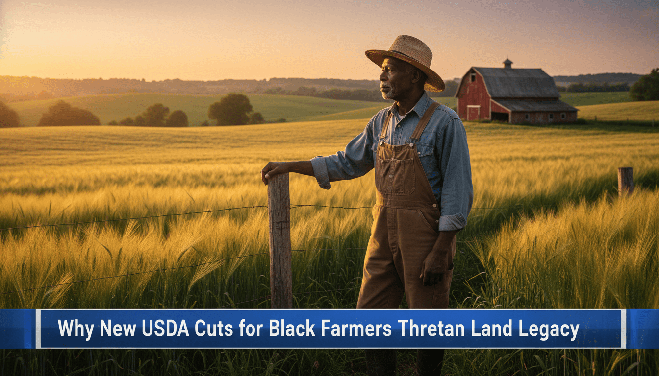 A cinematic, photorealistic editorial-style photograph of a dignified elderly African American farmer standing in the middle of a vast, sun-drenched field at golden hour. He is looking thoughtfully across his land, leaning slightly on a wooden fence post, representing a sense of legacy and resilience. The background features rolling green hills and a weathered but sturdy traditional barn under a warm, glowing sky. The framing is a medium-wide shot, consistent with a professional news broadcast. At the bottom of the image, there is a bold, high-contrast TV news lower-third banner in a sleek blue and white design. Centered on the banner, the text reads exactly: "Why New USDA Cuts for Black Farmers Threaten Land Legacy" in a crisp, white, sans-serif font. 8k resolution, sharp focus, broadcast journalism aesthetic.